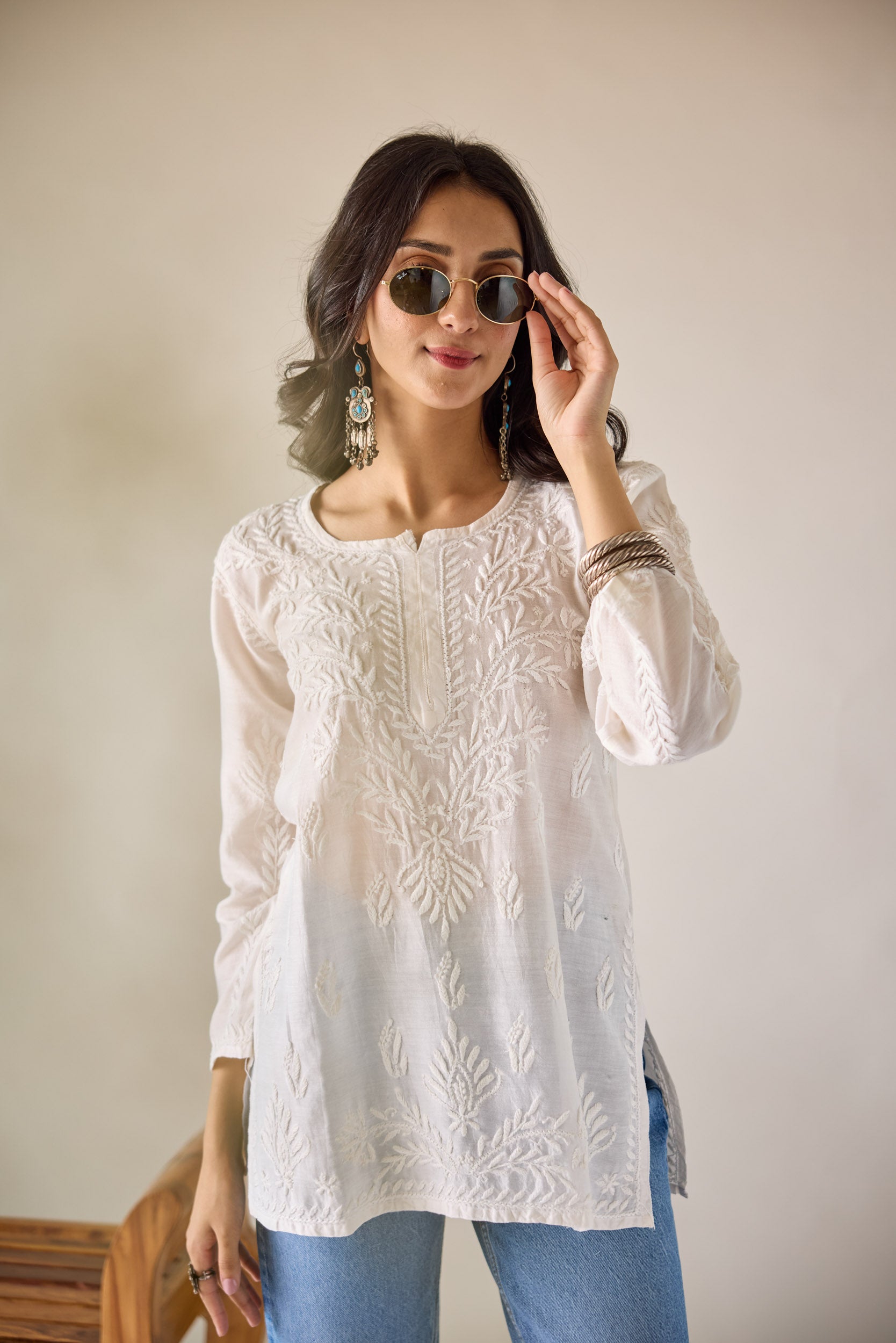 Sangeeta Eggshell White Chanderi Hand Embroidered Short Chikankari Kurti