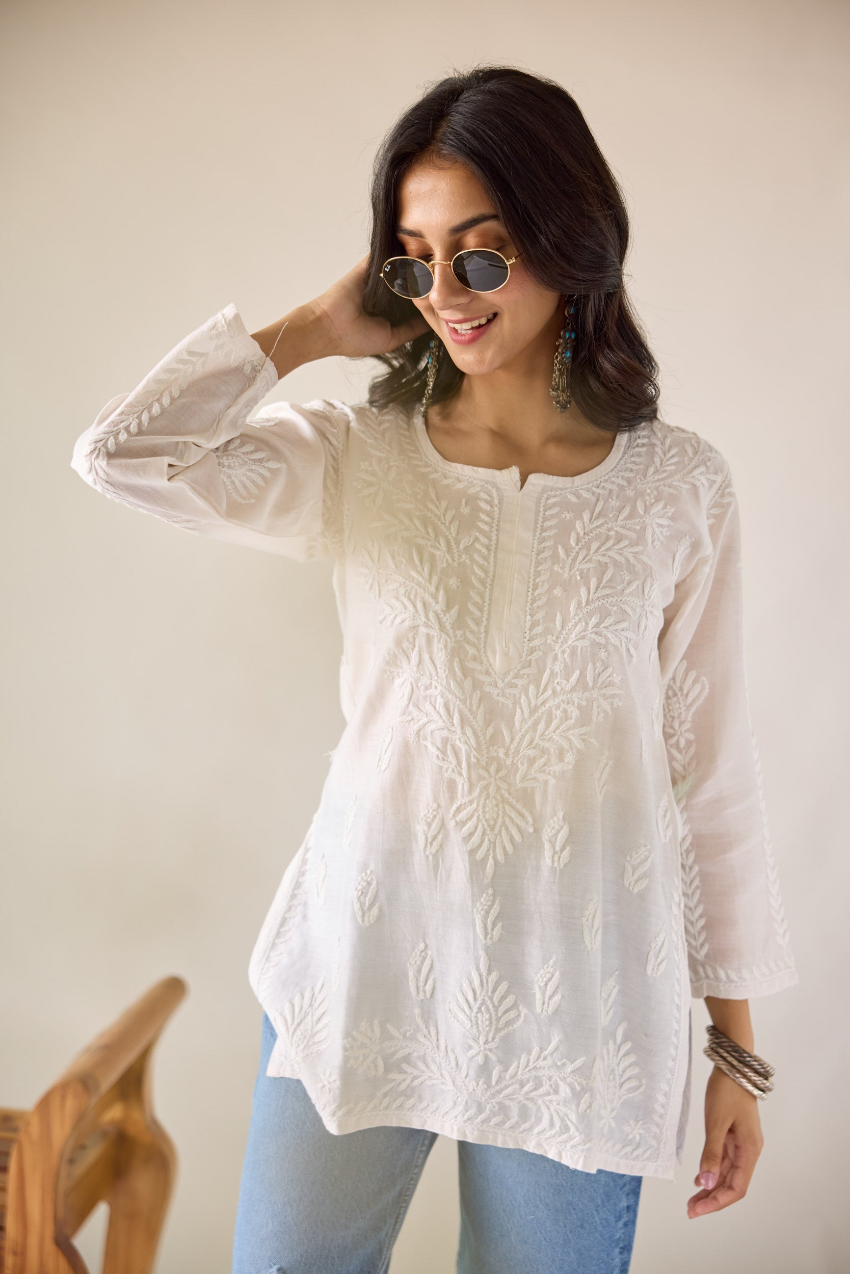 Sangeeta Eggshell White Chanderi Hand Embroidered Short Chikankari Kurti