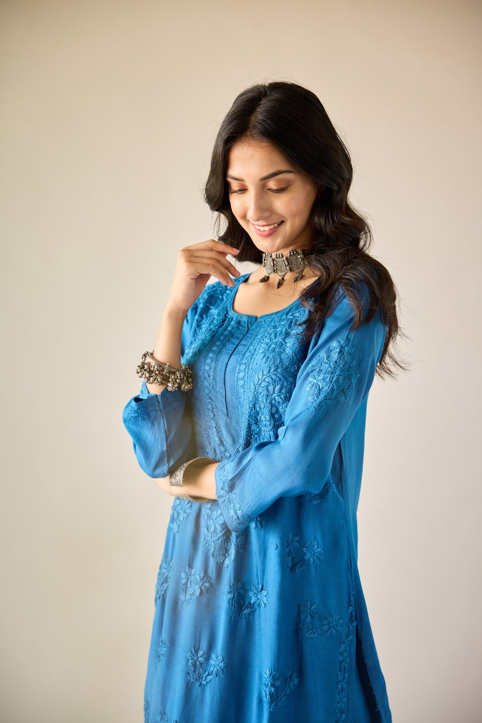 Blue - Hand Embroidered Rayon Chikankari Kurta with Pant Set 07