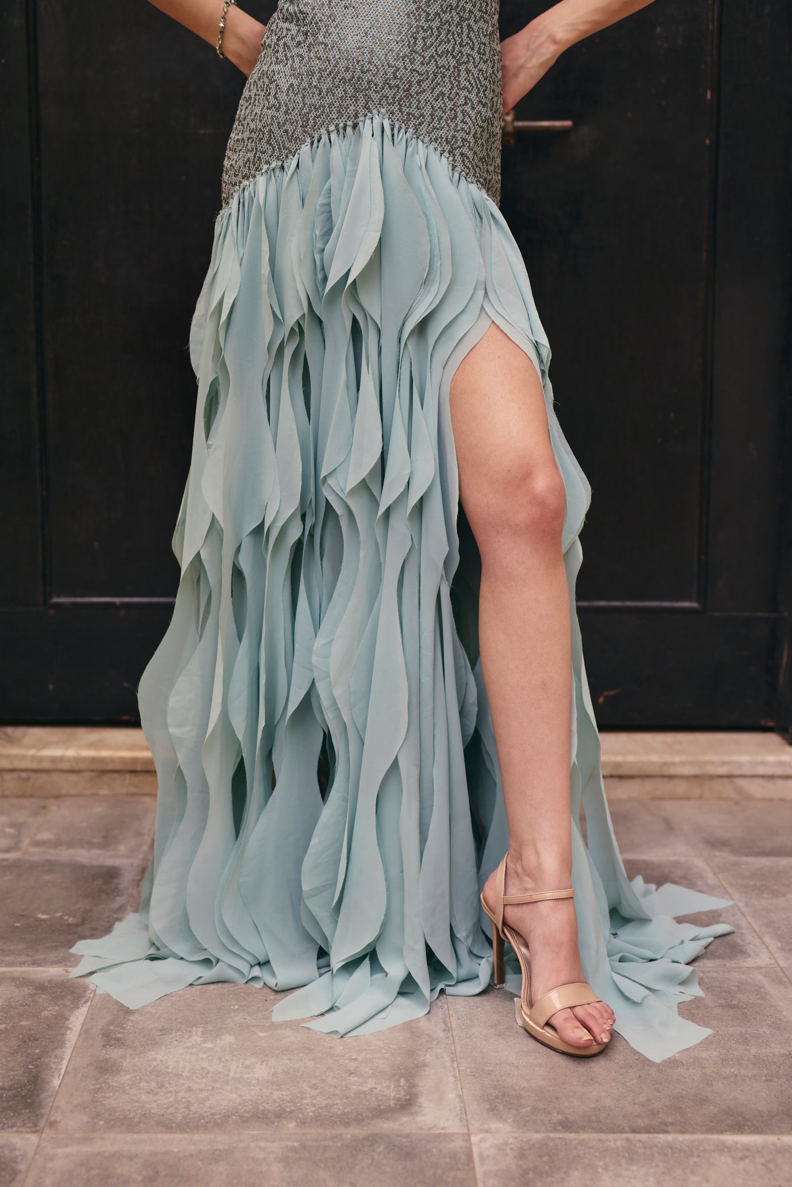 St. Tropez blue Embellished frill Gown
