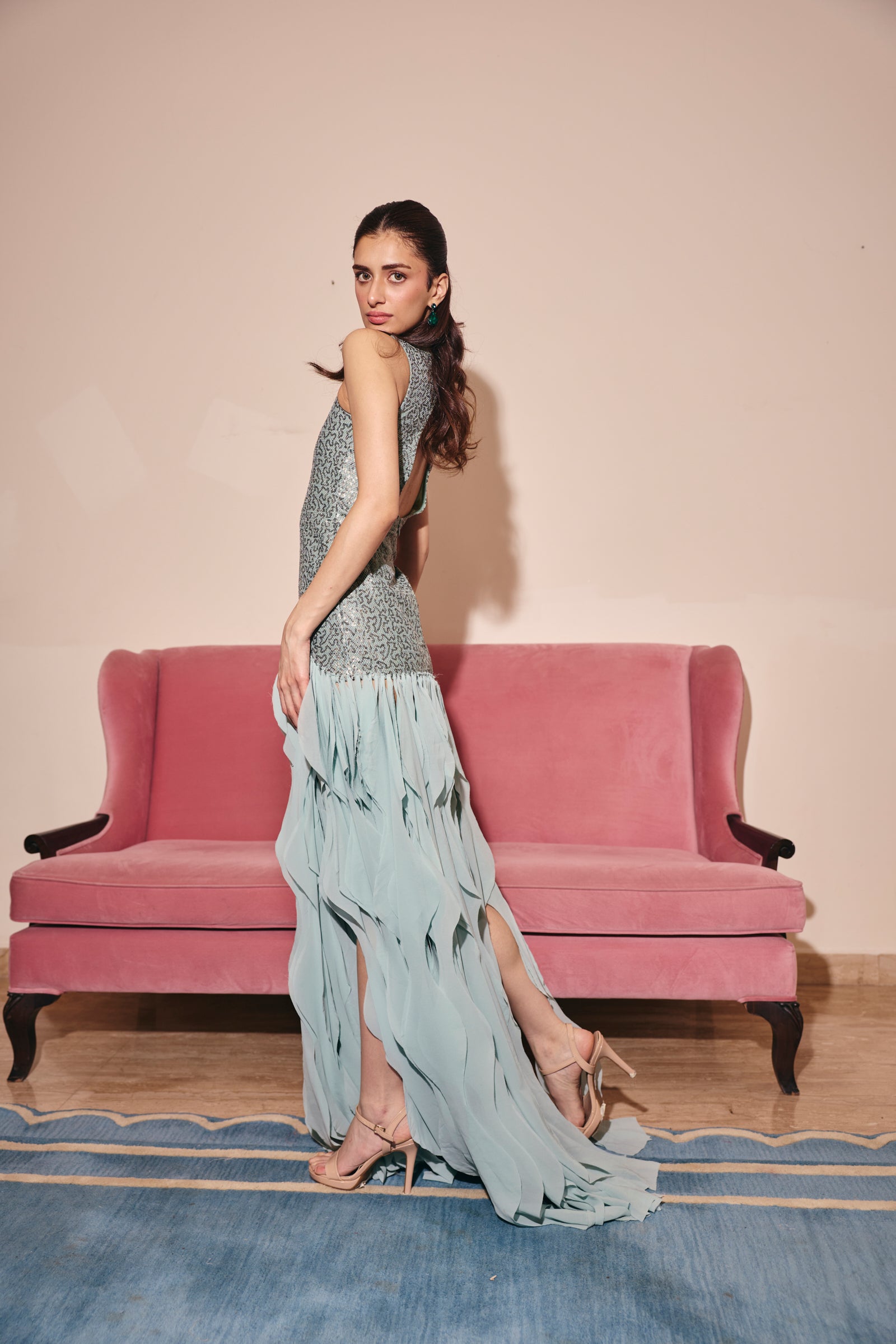 St. Tropez blue Embellished frill Gown
