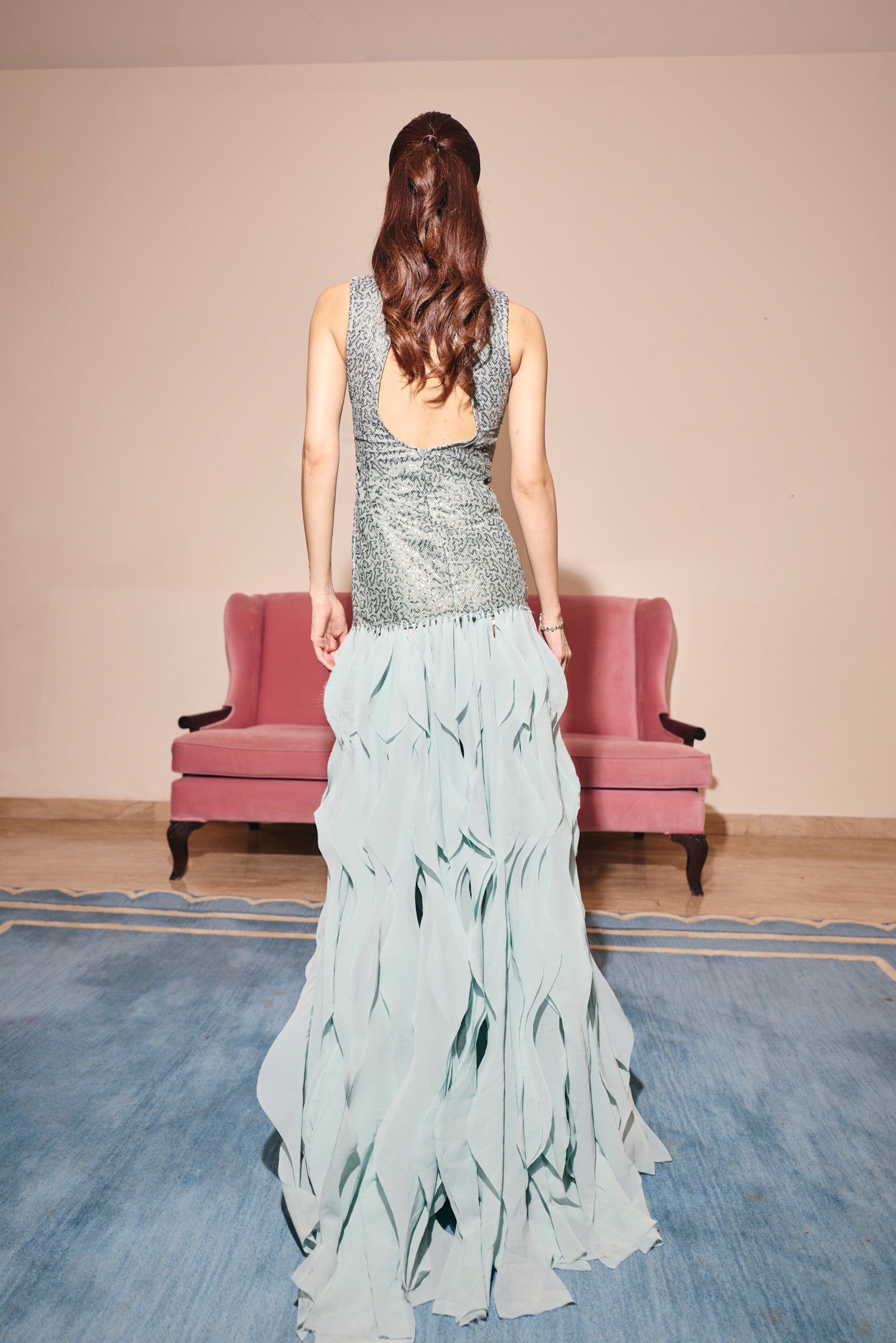 St. Tropez blue Embellished frill Gown