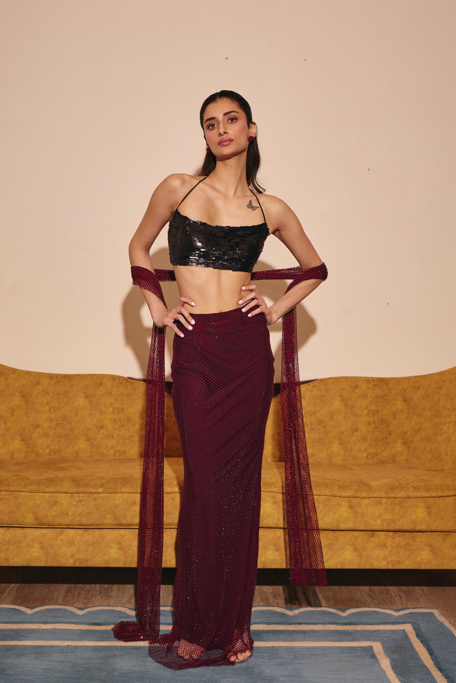 Antalya maroon Crystal Embellished Maxi Skirt