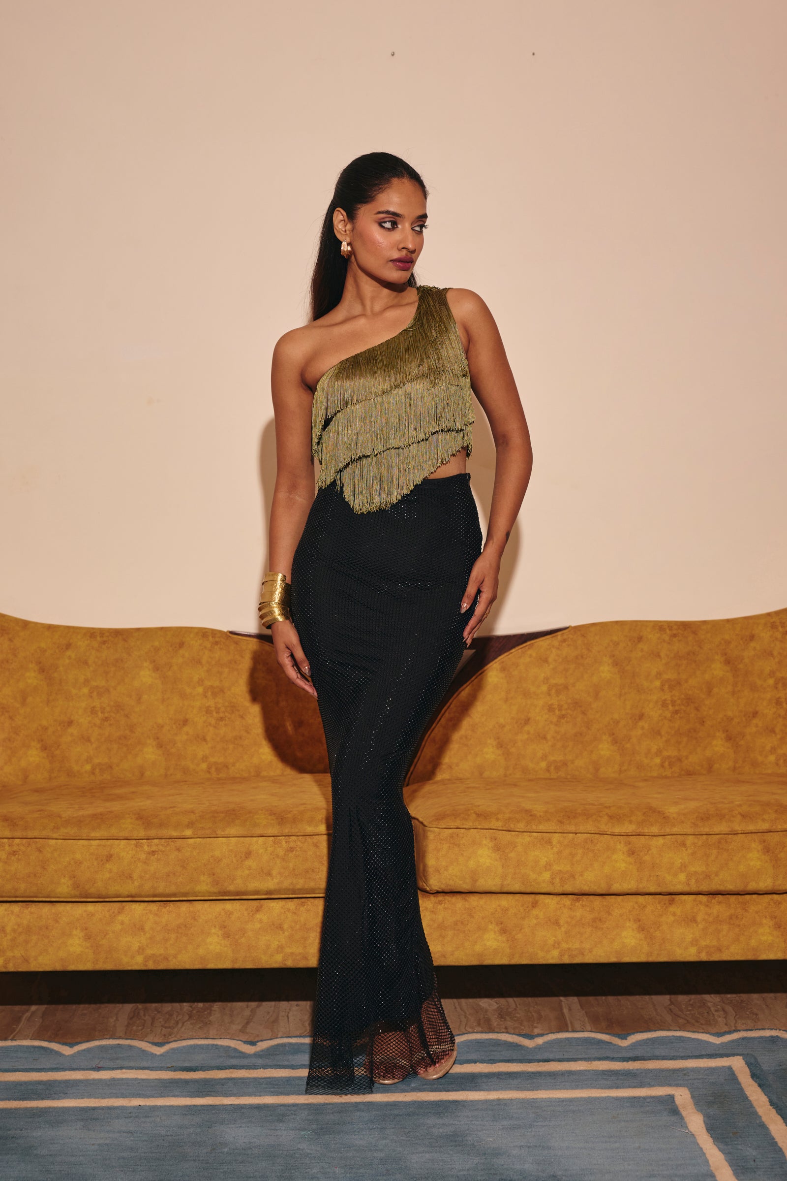 Galle green Fringe One-Shoulder Top
