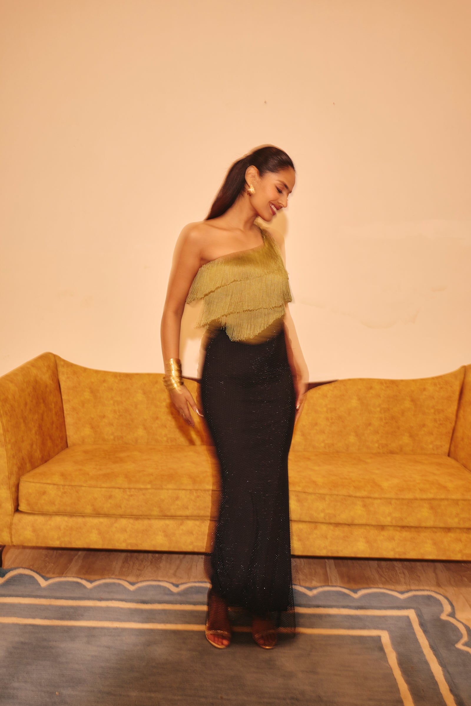 Galle green Fringe One-Shoulder Top