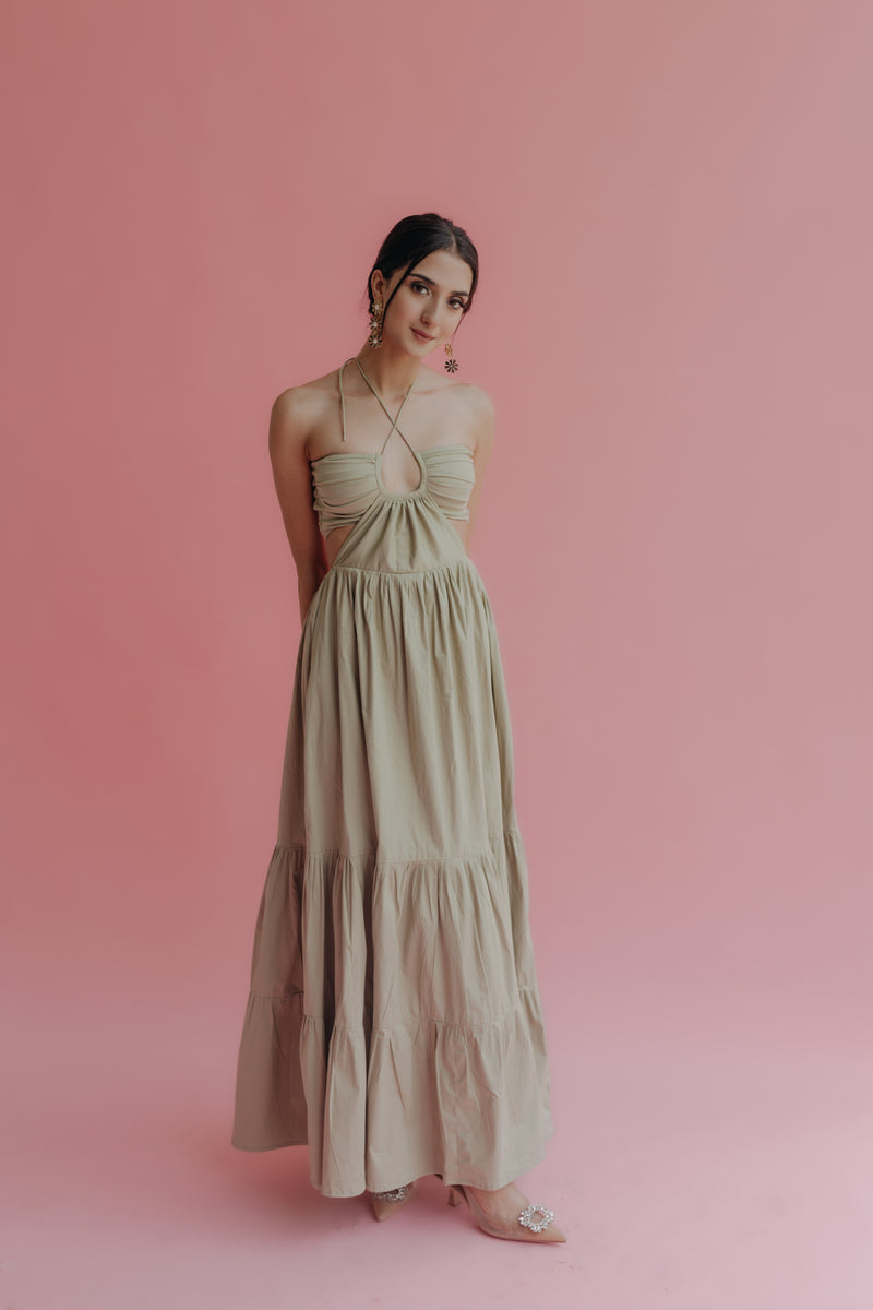 Carissa Olive Green Cut-Out Halter Maxi Dress
