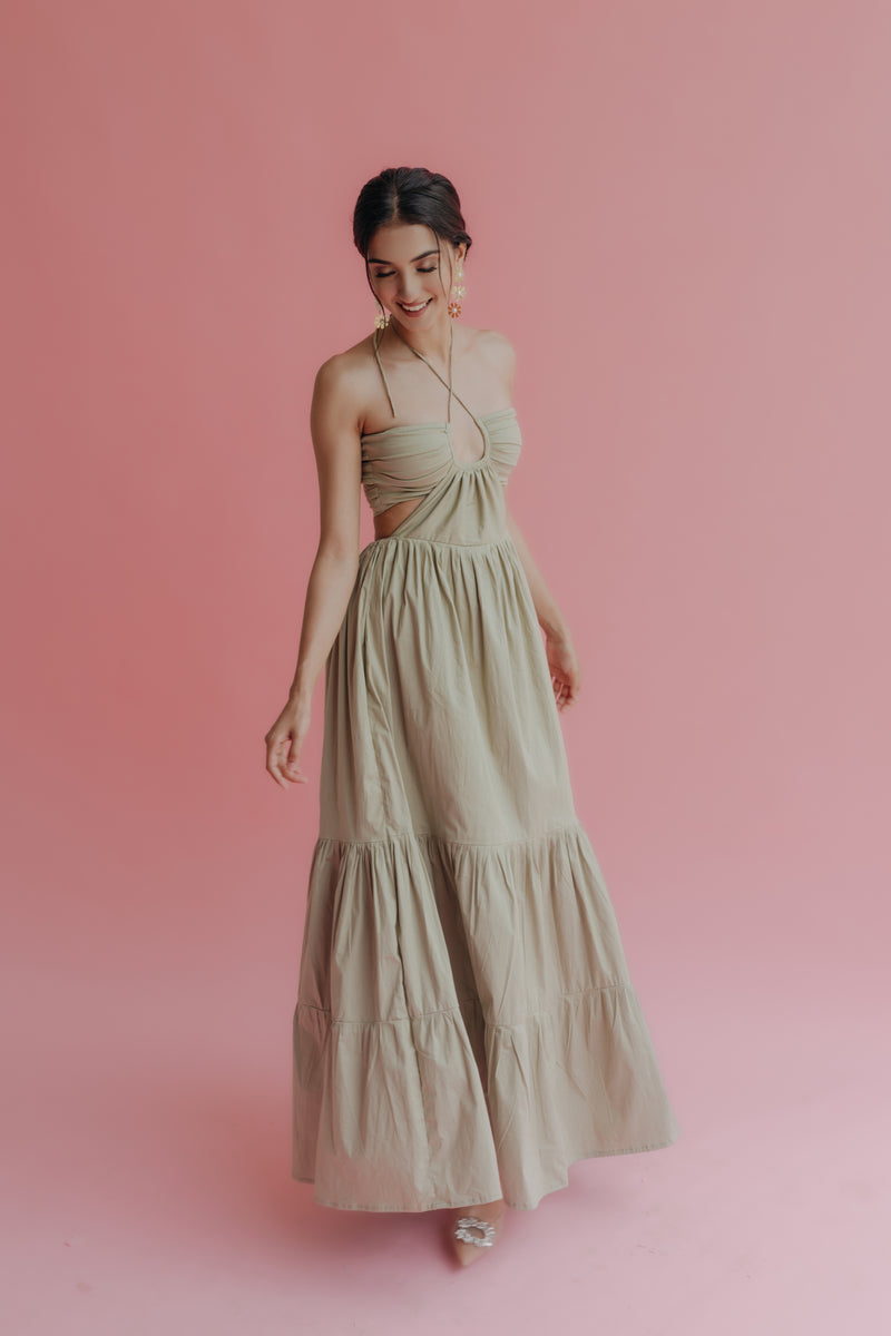 Carissa Olive Green Cut-Out Halter Maxi Dress