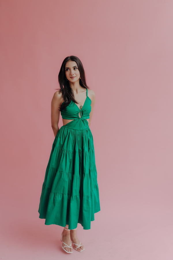 Lydia Forest Green Cut-Out Tiered Maxi Dress