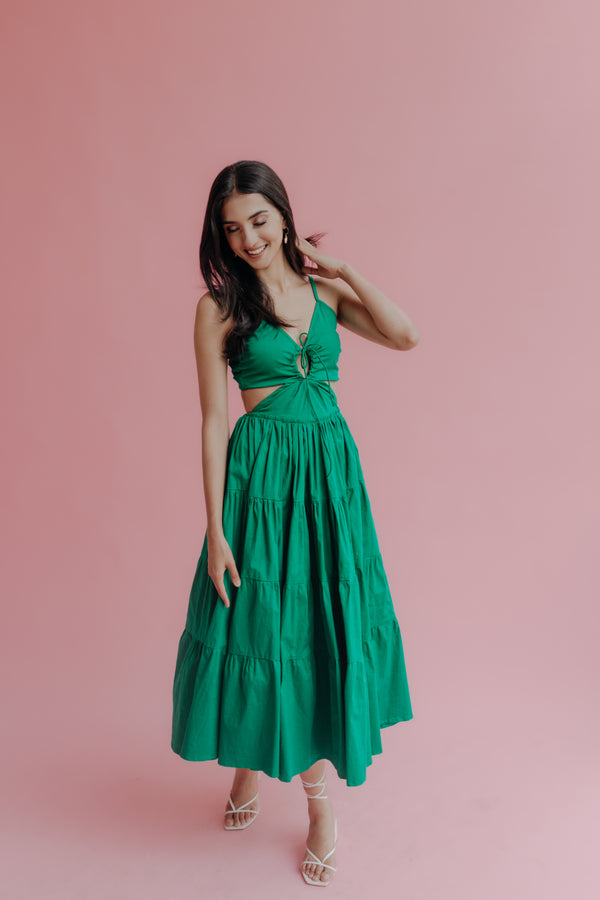 Lydia Forest Green Cut-Out Tiered Maxi Dress