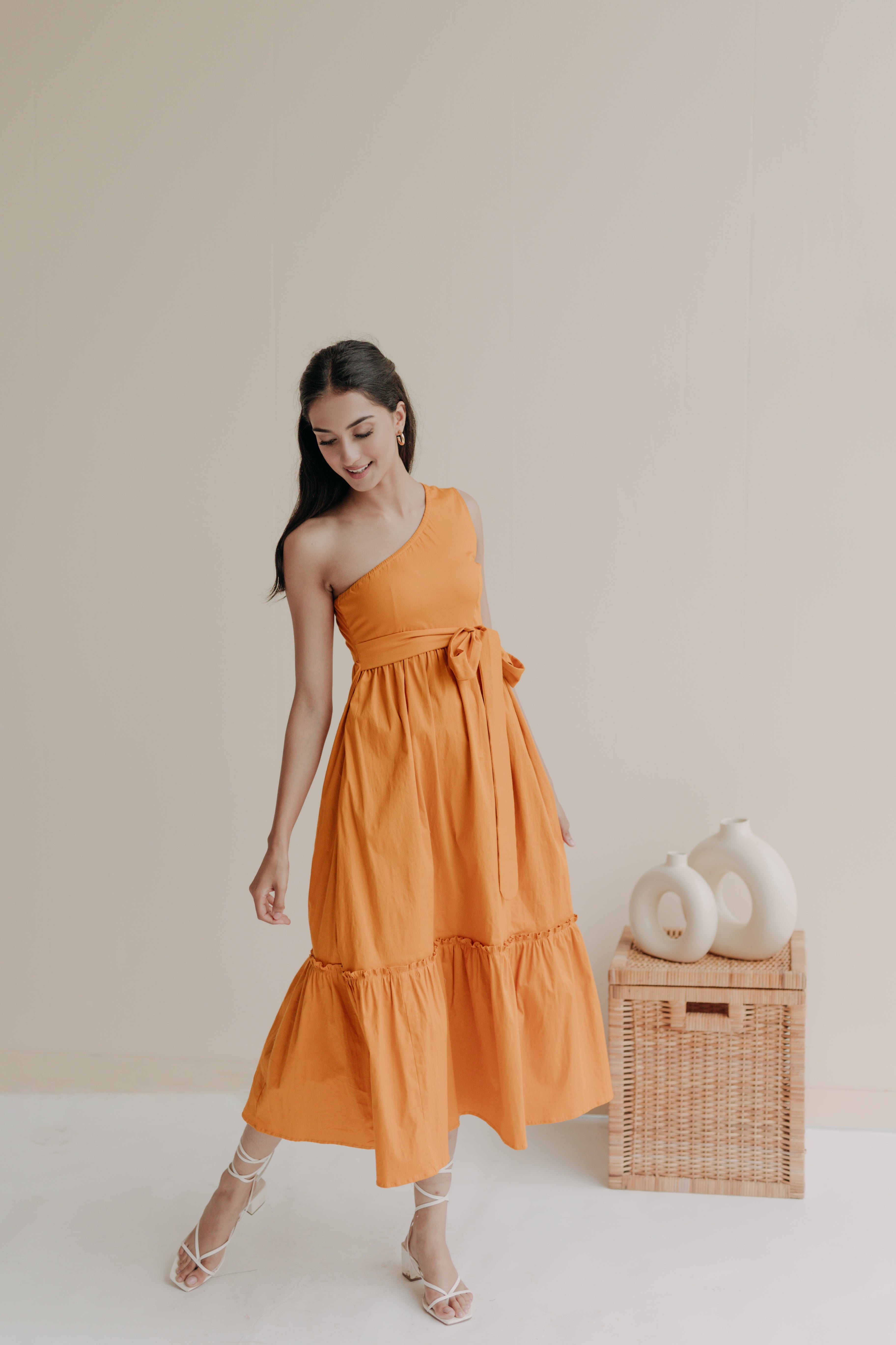 Zoe Orange One Shoulder Midi Dress