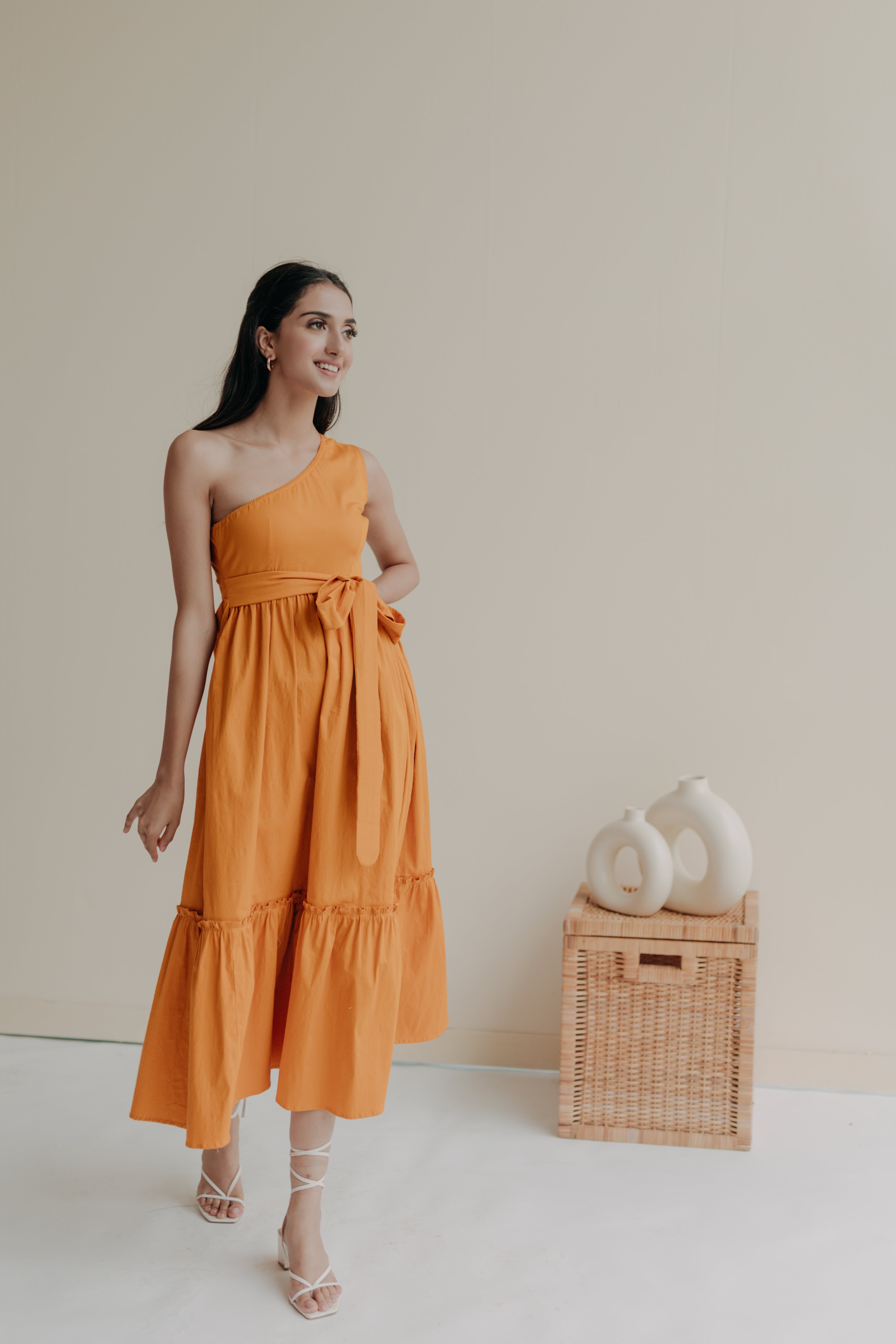 Zoe Orange One Shoulder Midi Dress