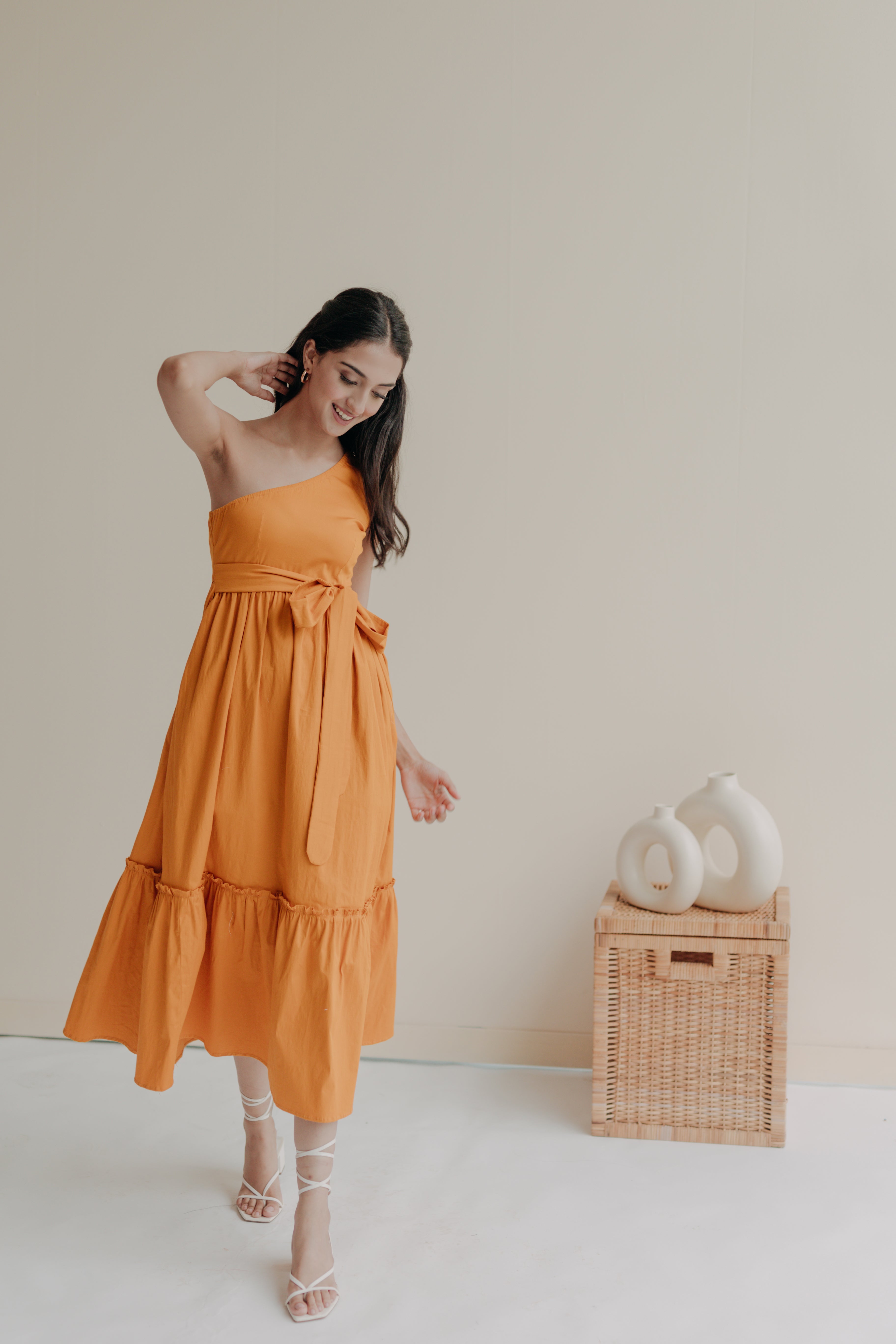 Zoe Orange One Shoulder Midi Dress