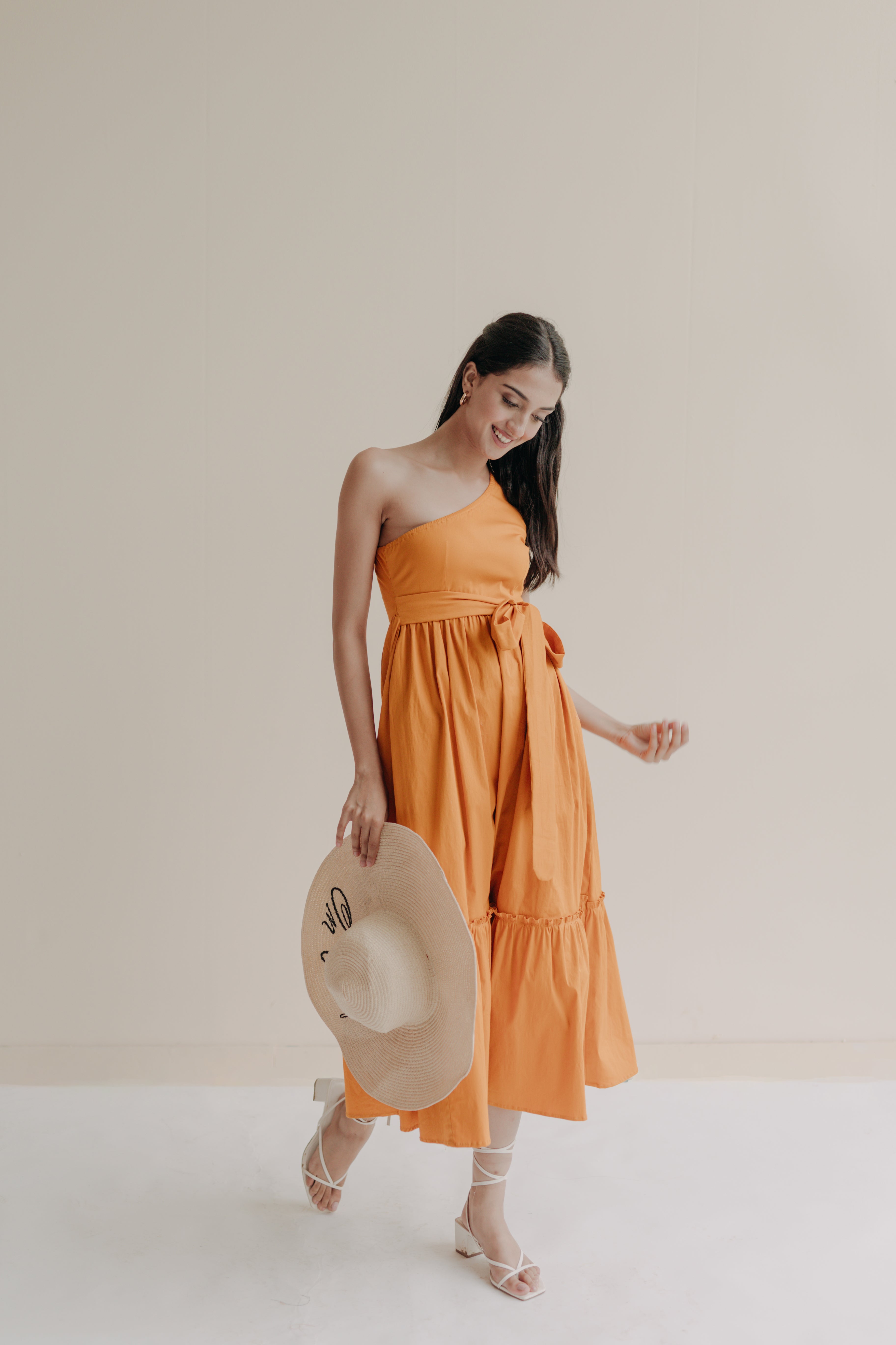 Zoe Orange One Shoulder Midi Dress