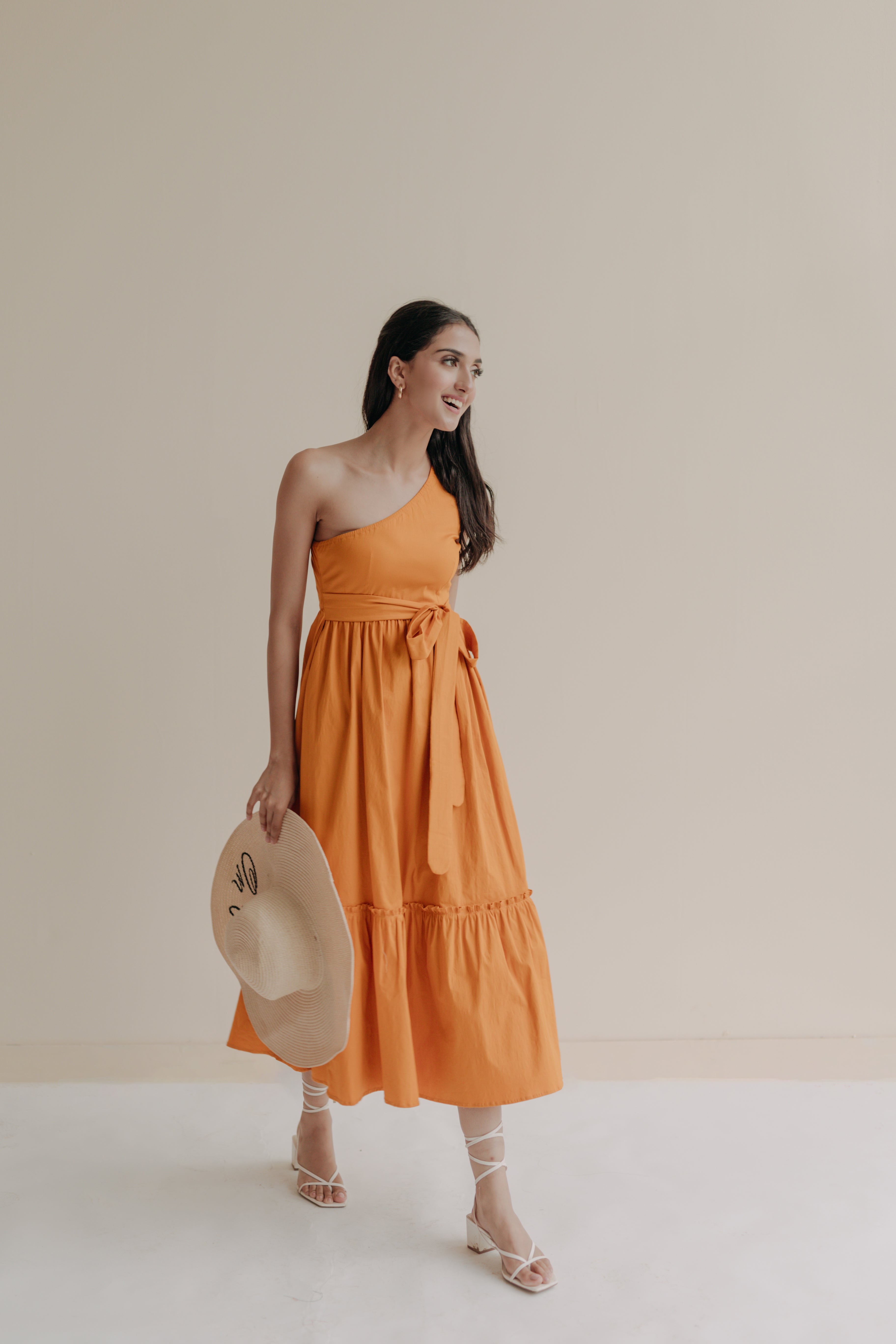 Zoe Orange One Shoulder Midi Dress