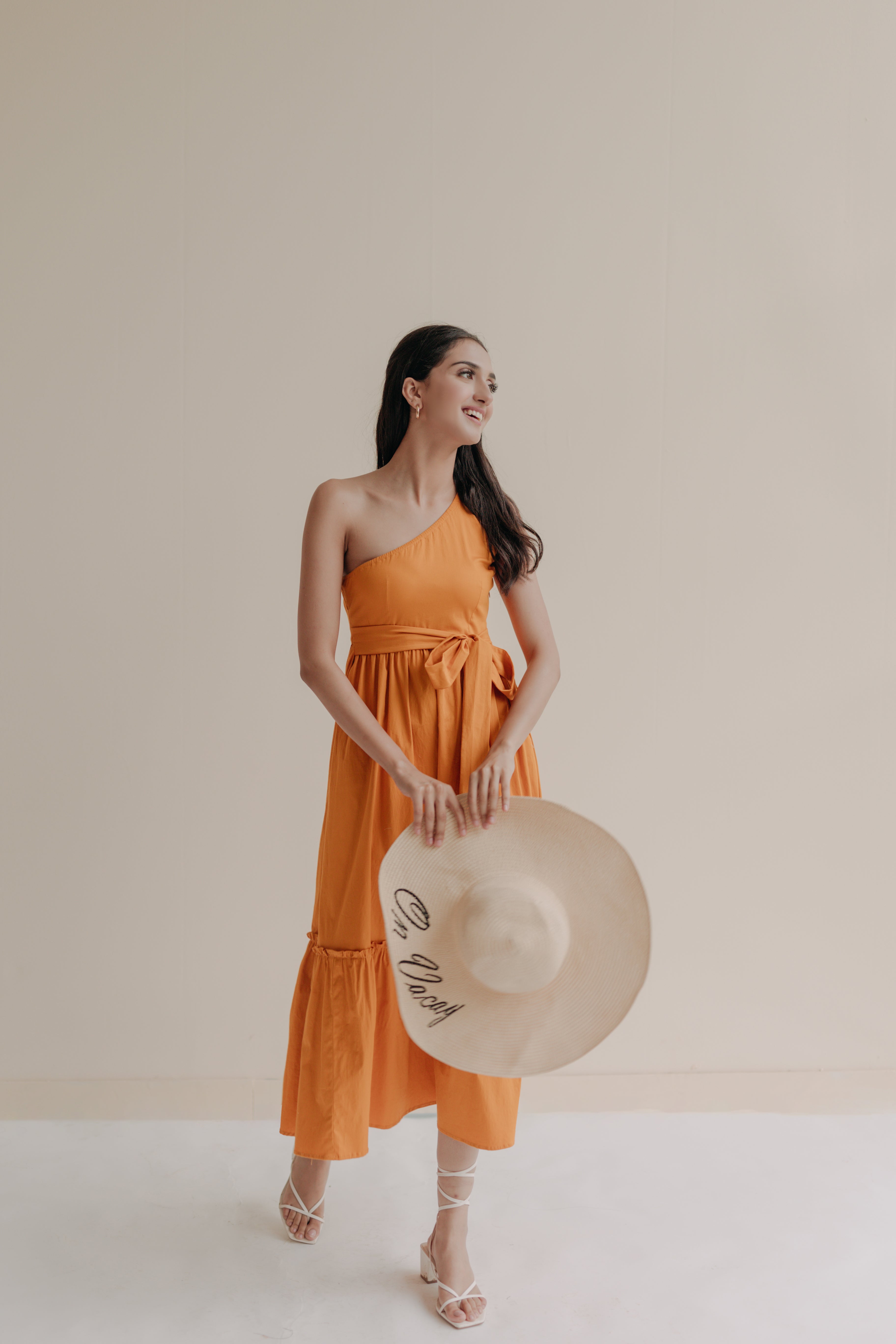 Zoe Orange One Shoulder Midi Dress