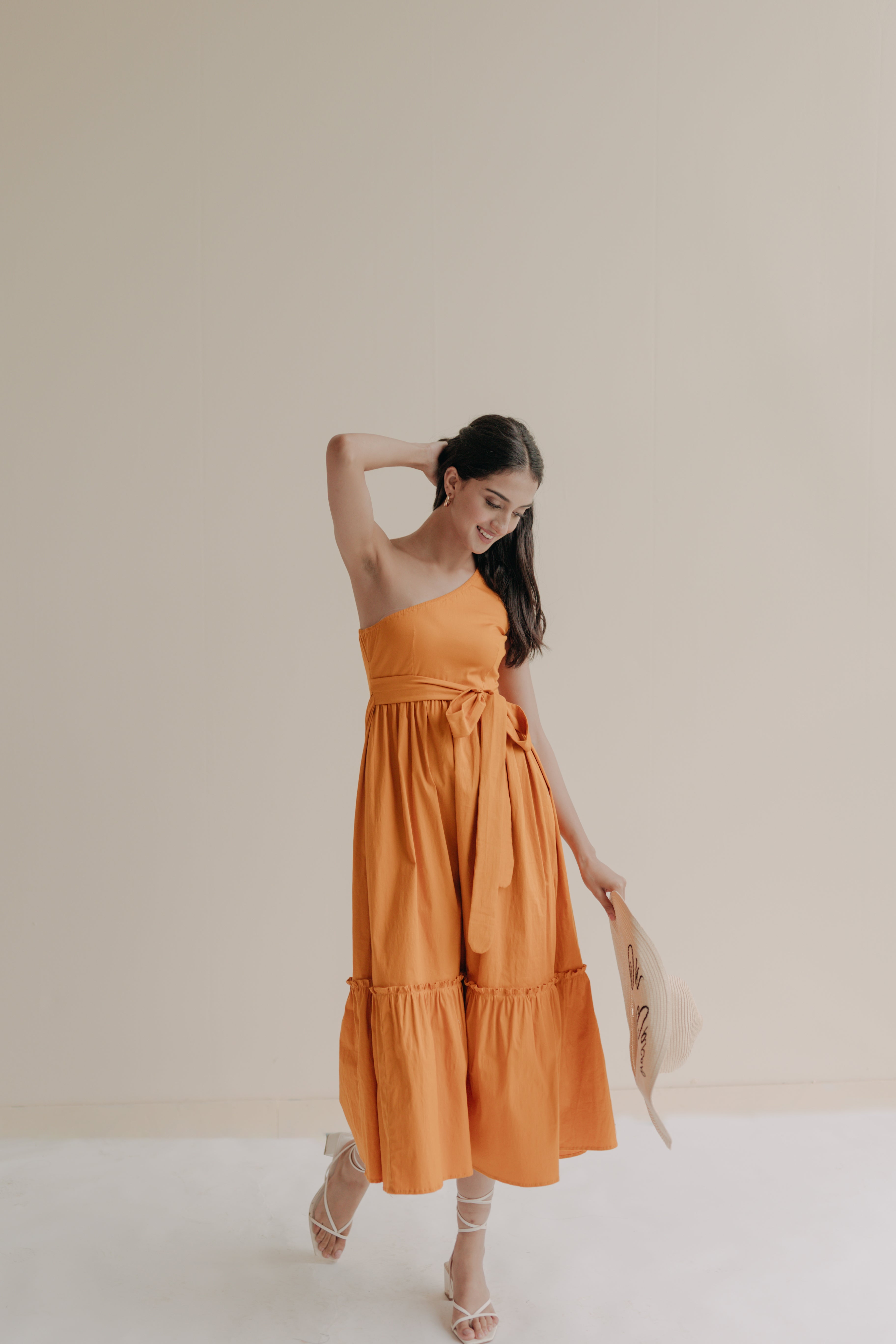 Zoe Orange One Shoulder Midi Dress
