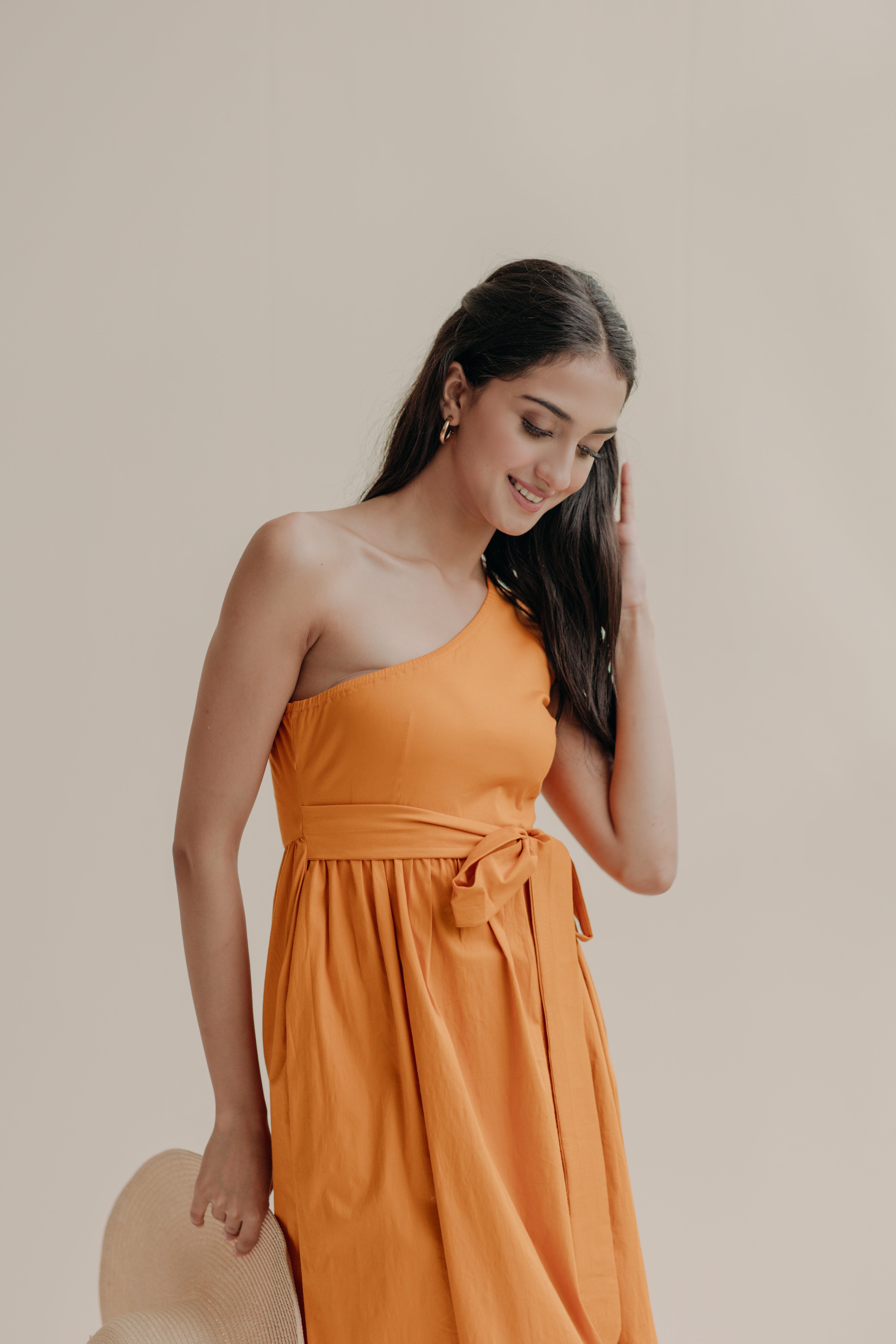 Zoe Orange One Shoulder Midi Dress