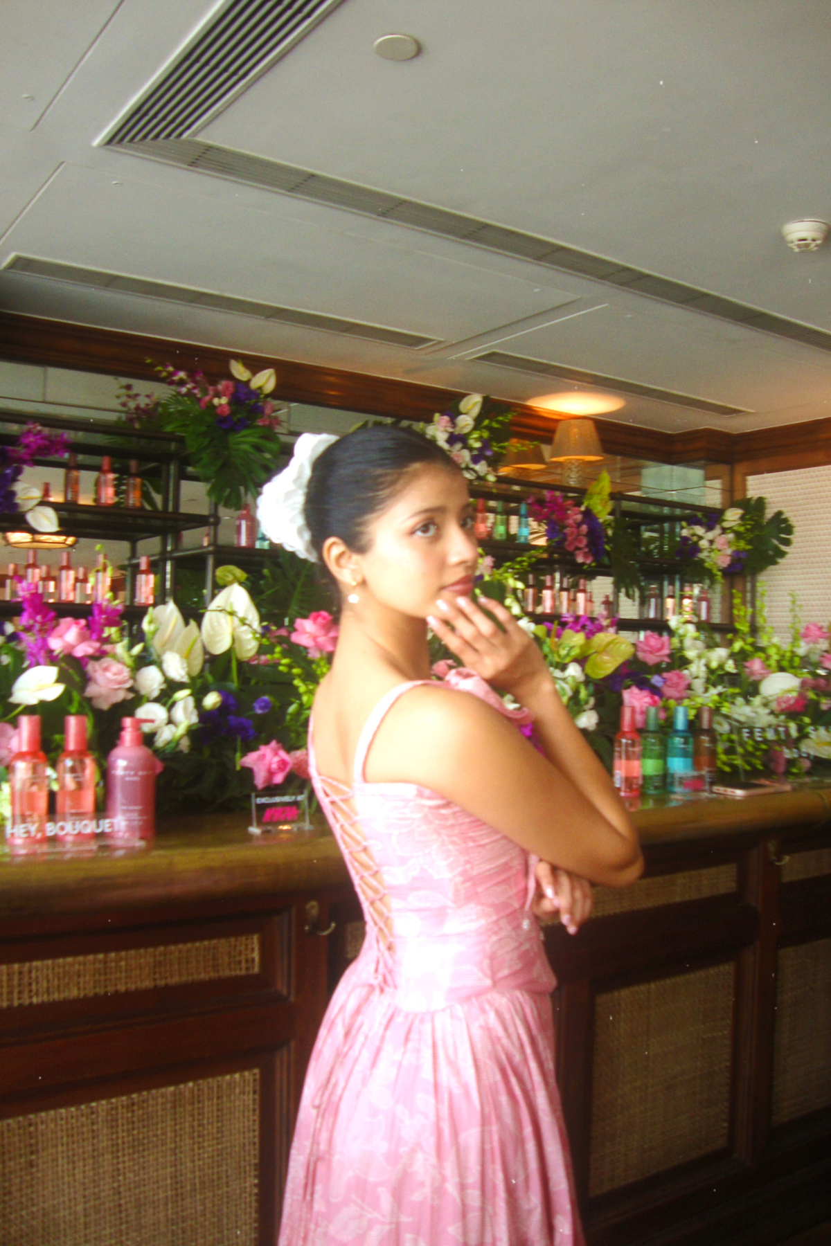 Kyoto Pink Floral Corset and Tiered Skirt Set with Pearl Handwork