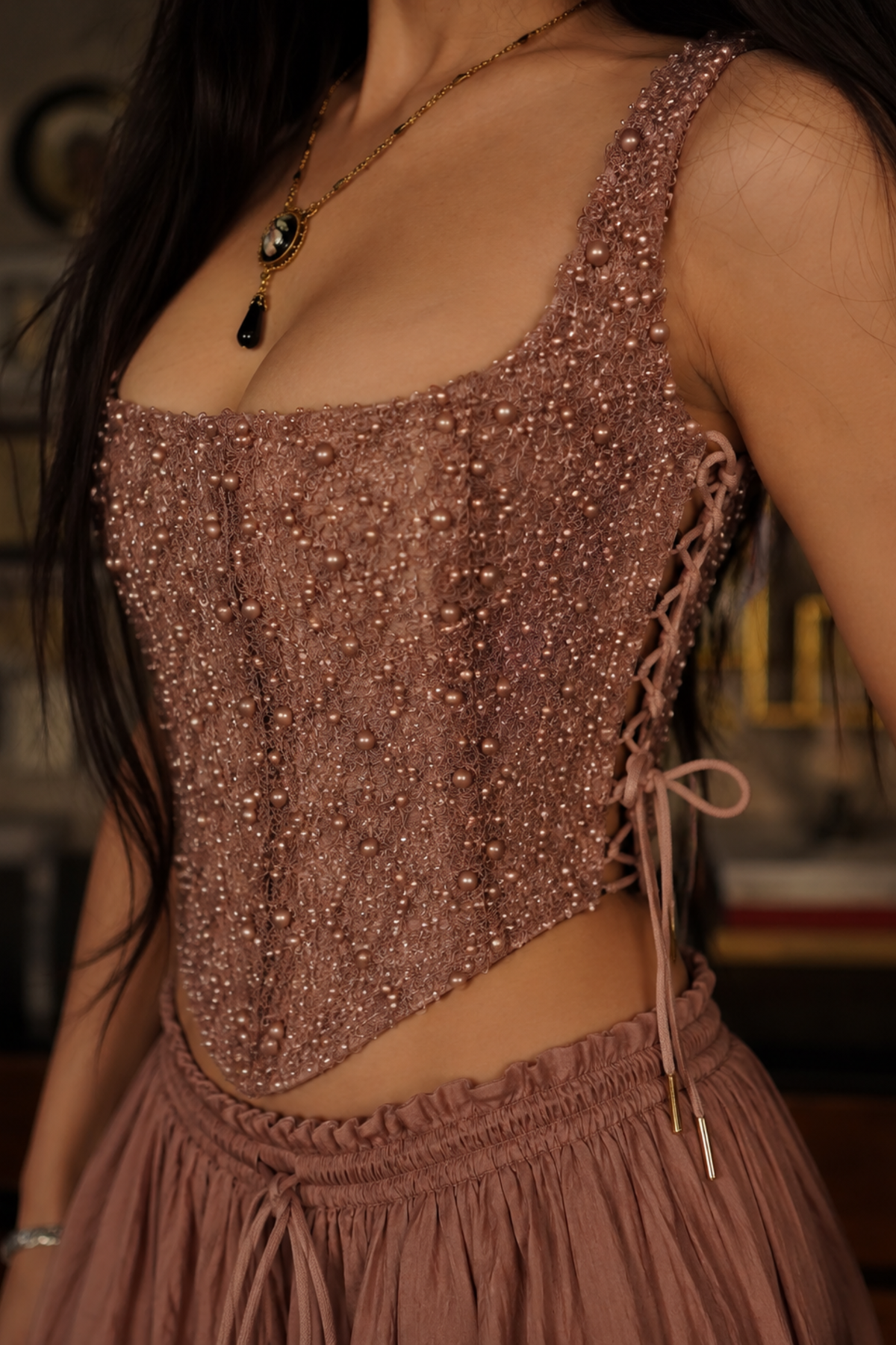 Chikoo Taupe Pearl Beaded Lace Corset Top with Side Lace-Up