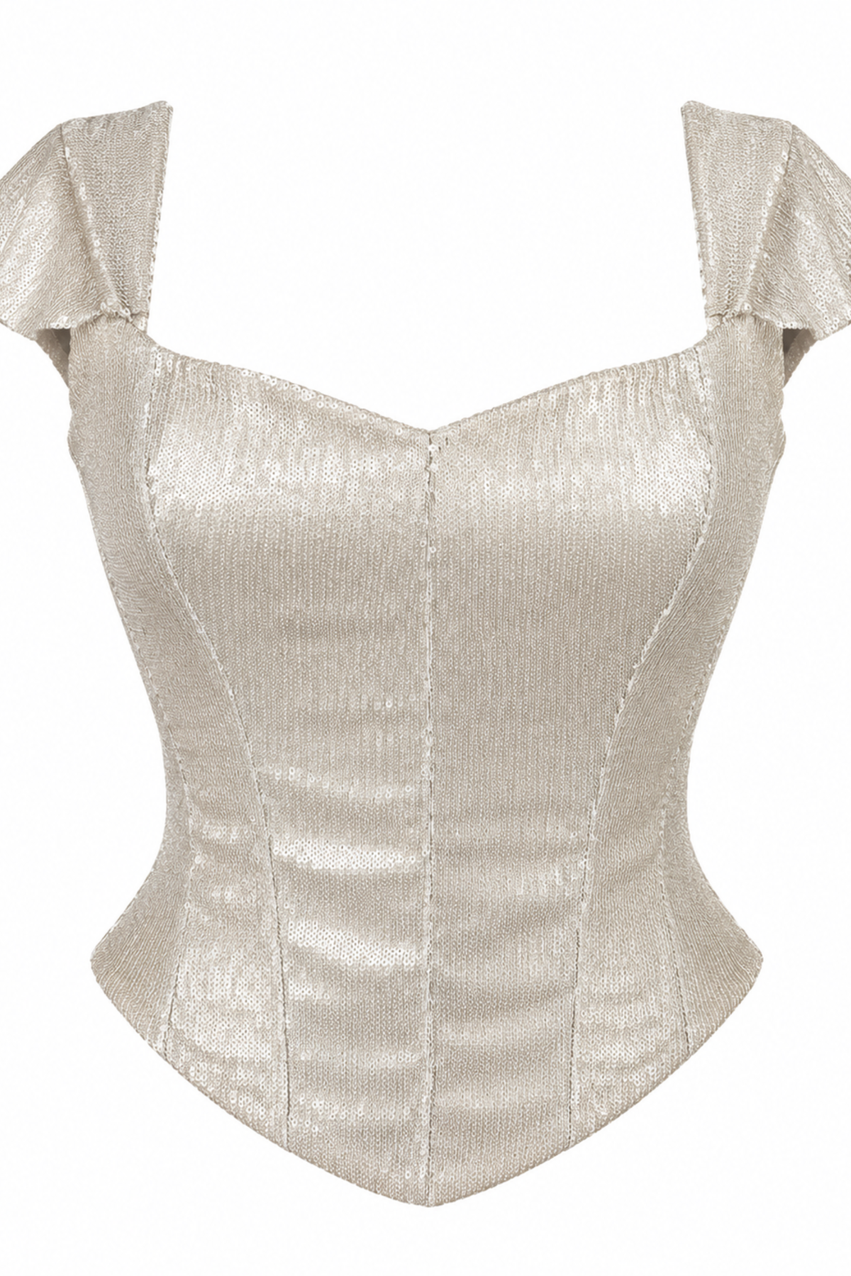 Paro Champagne Sequin Corset Top with Flutter Sleeves and Lace-Up Back