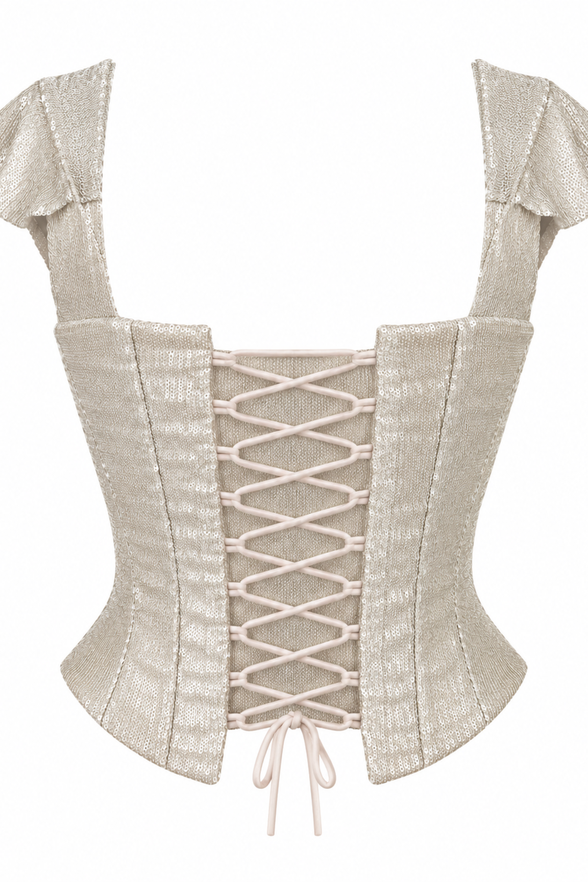 Paro Champagne Sequin Corset Top with Flutter Sleeves and Lace-Up Back