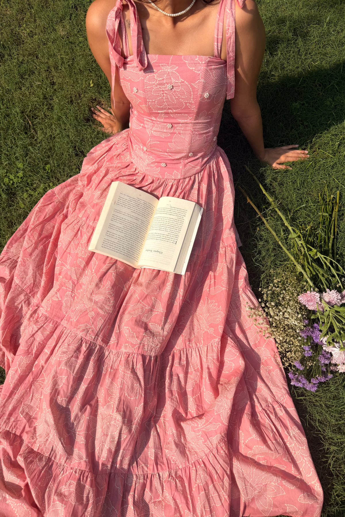 Kyoto Pink Floral Corset and Tiered Skirt Set with Pearl Handwork
