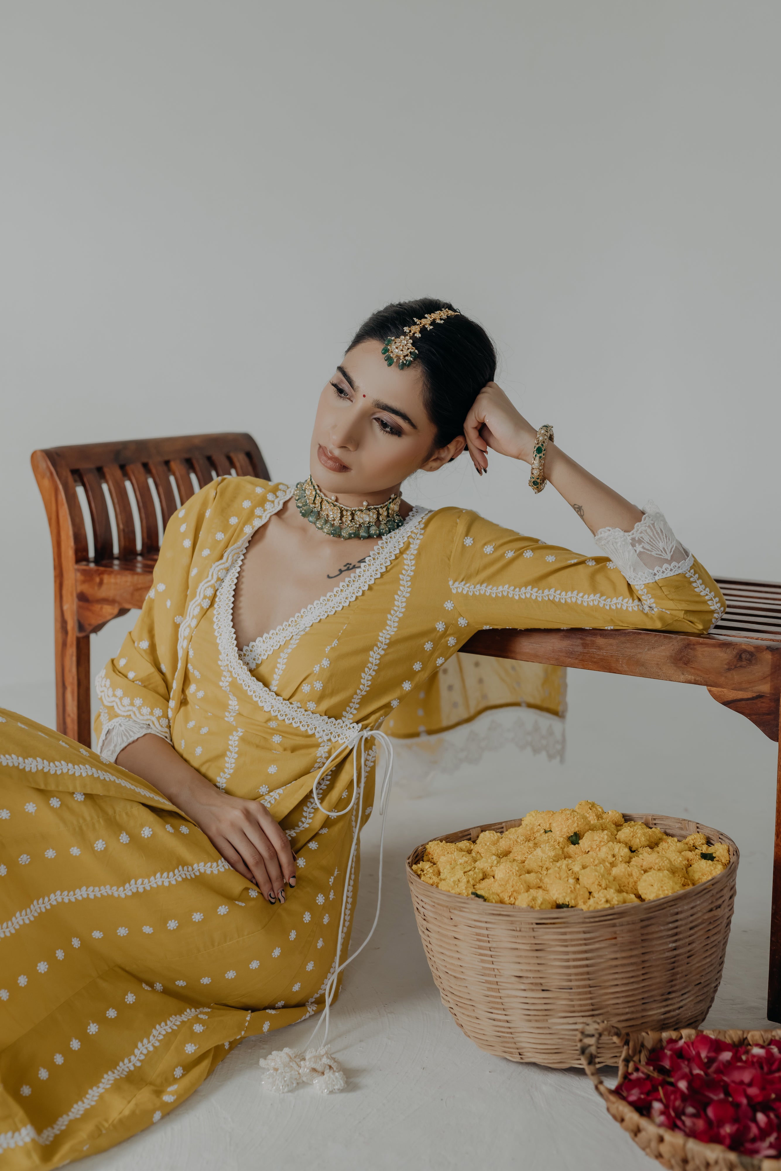 Amara Yellow Embroidered Cotton Angrakha