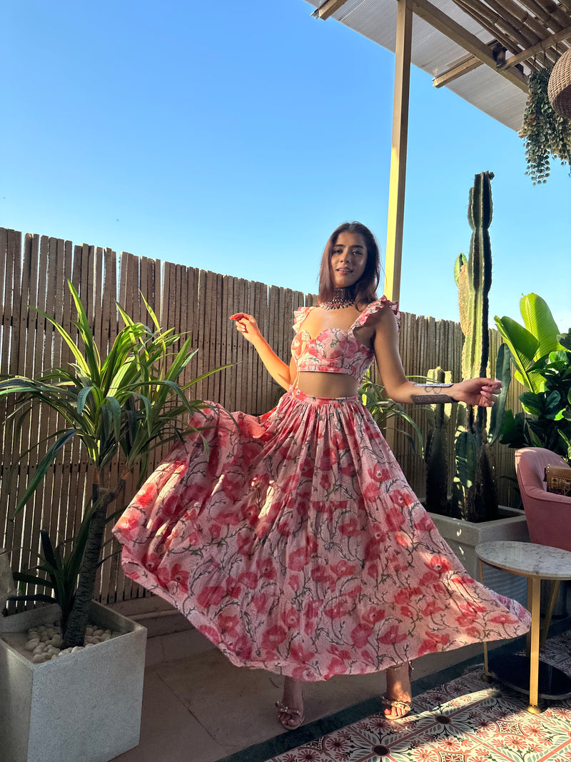 Bella Pink Printed Cotton Top & Skirt Set