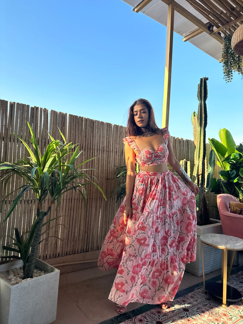 Fantastic Floral Print Pink Skirt Co ord Set