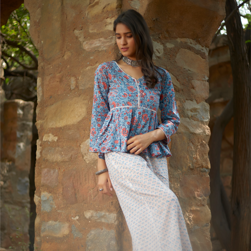 Fawha Set of 2 (Short Peplum Kurta and Wide Leg Palazzo)