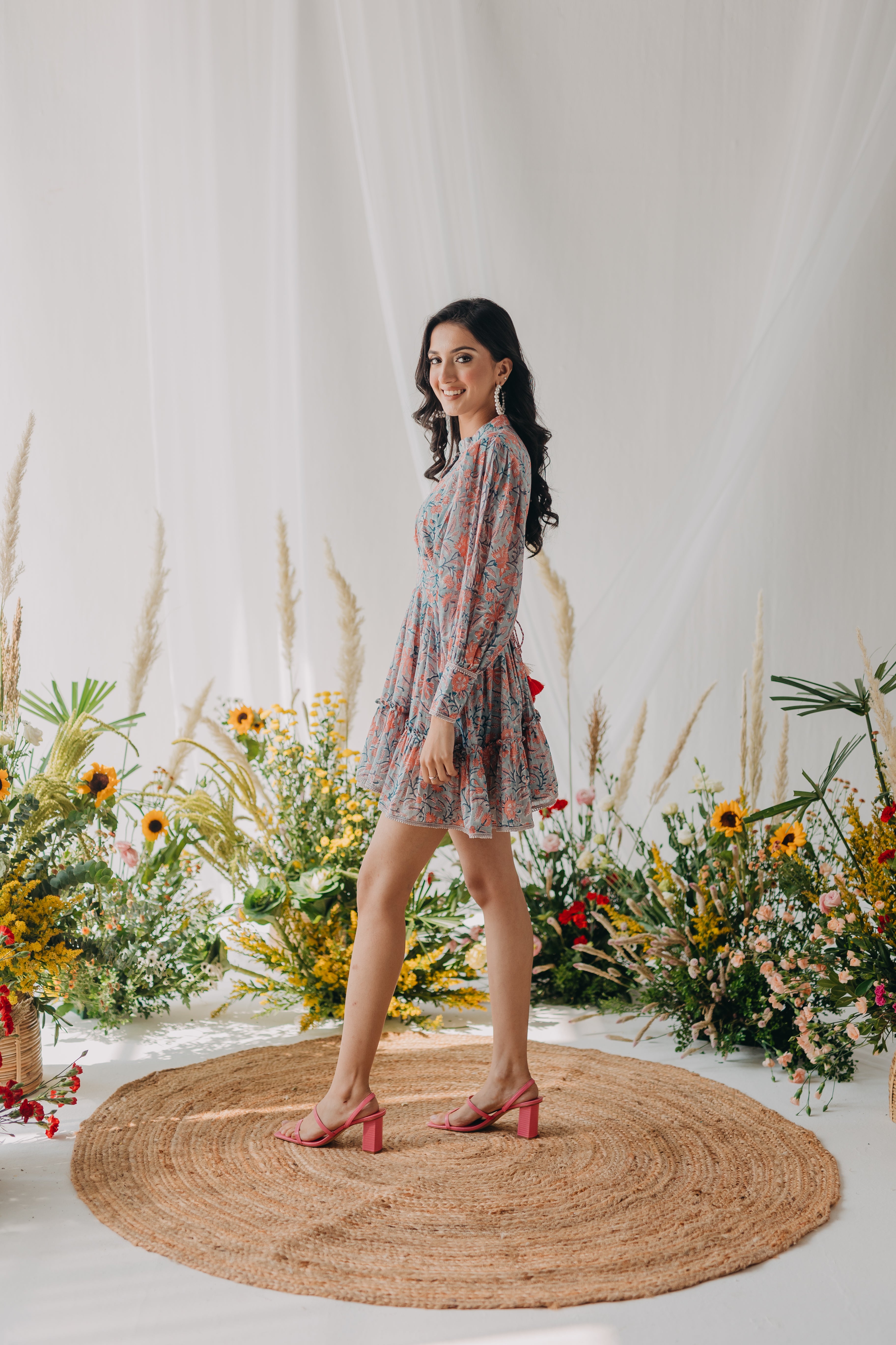 Tiffany Grey & Peach Printed Cotton Collared Dress