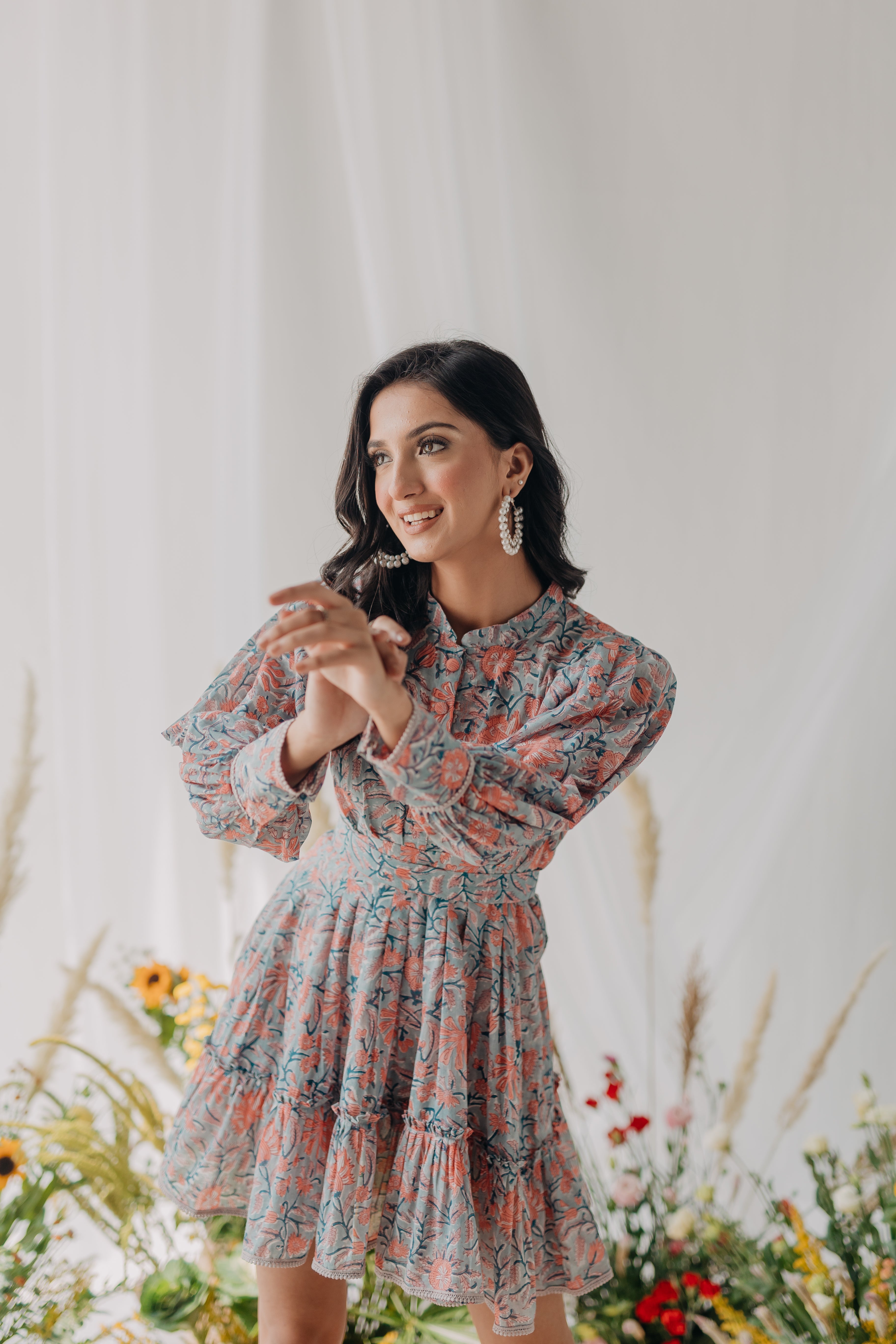 Tiffany Grey & Peach Printed Cotton Collared Dress