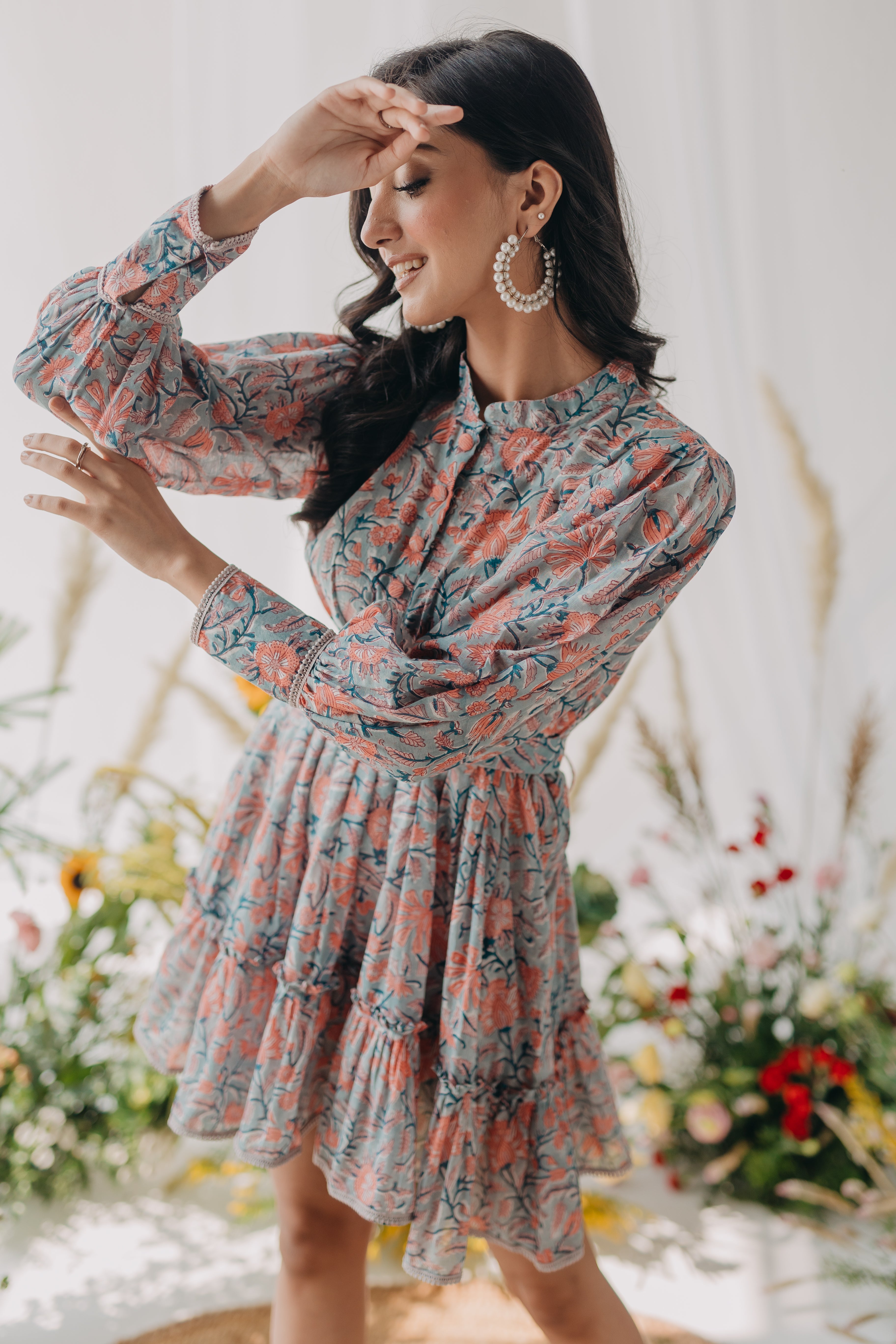 Tiffany Grey & Peach Printed Cotton Collared Dress