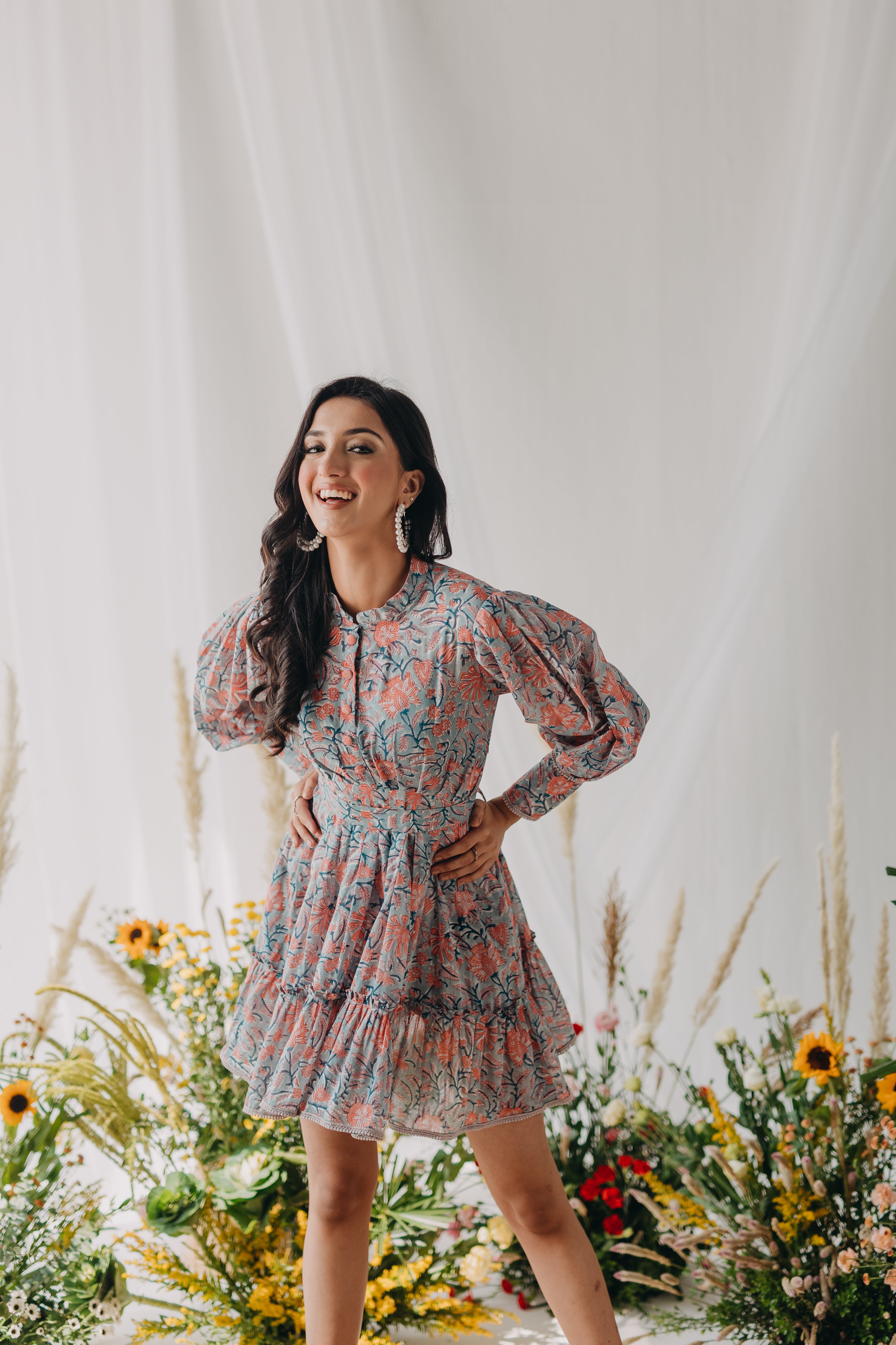 Tiffany Grey & Peach Printed Cotton Collared Dress