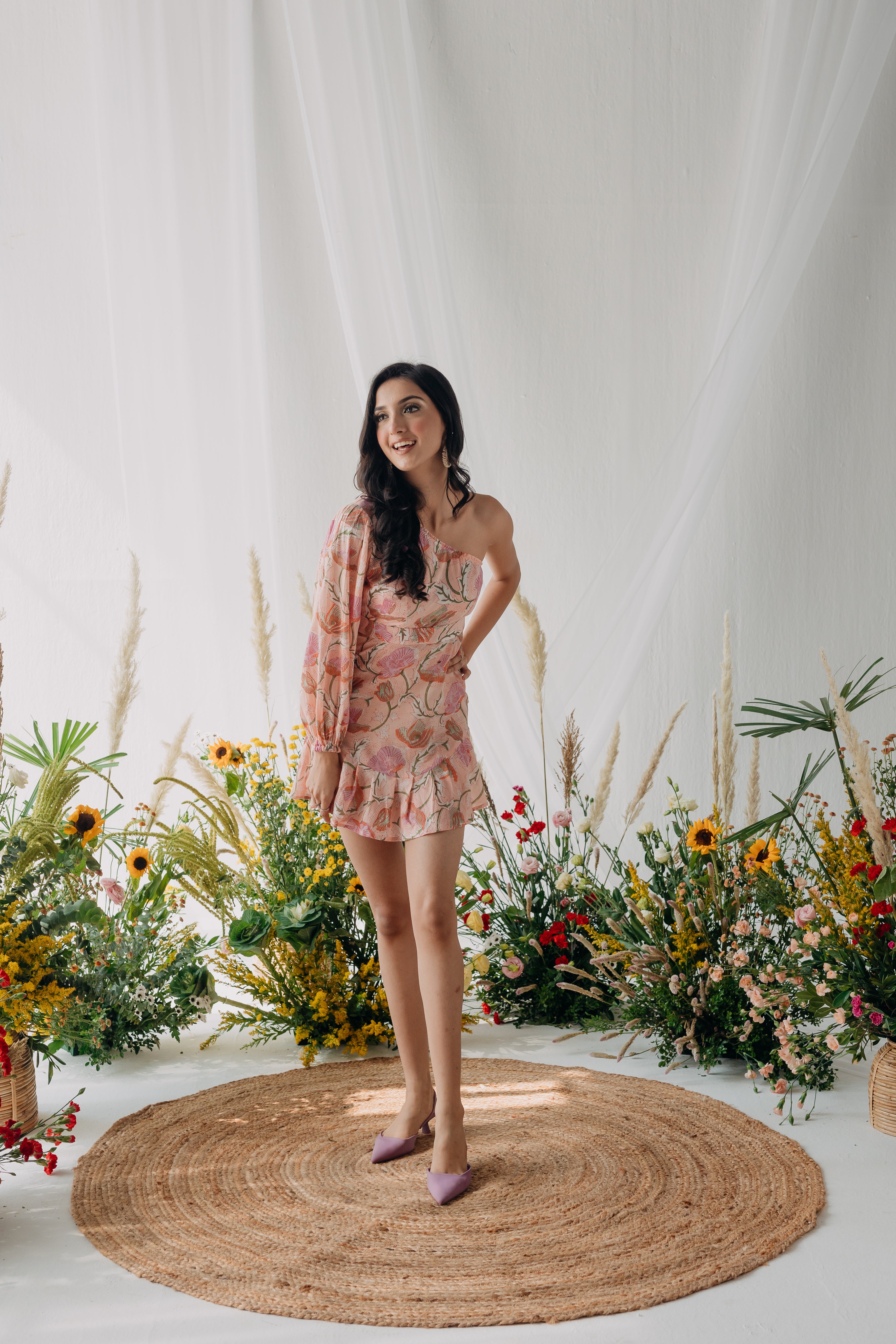 Lolita Pink Printed Cotton One Shoulder Dress