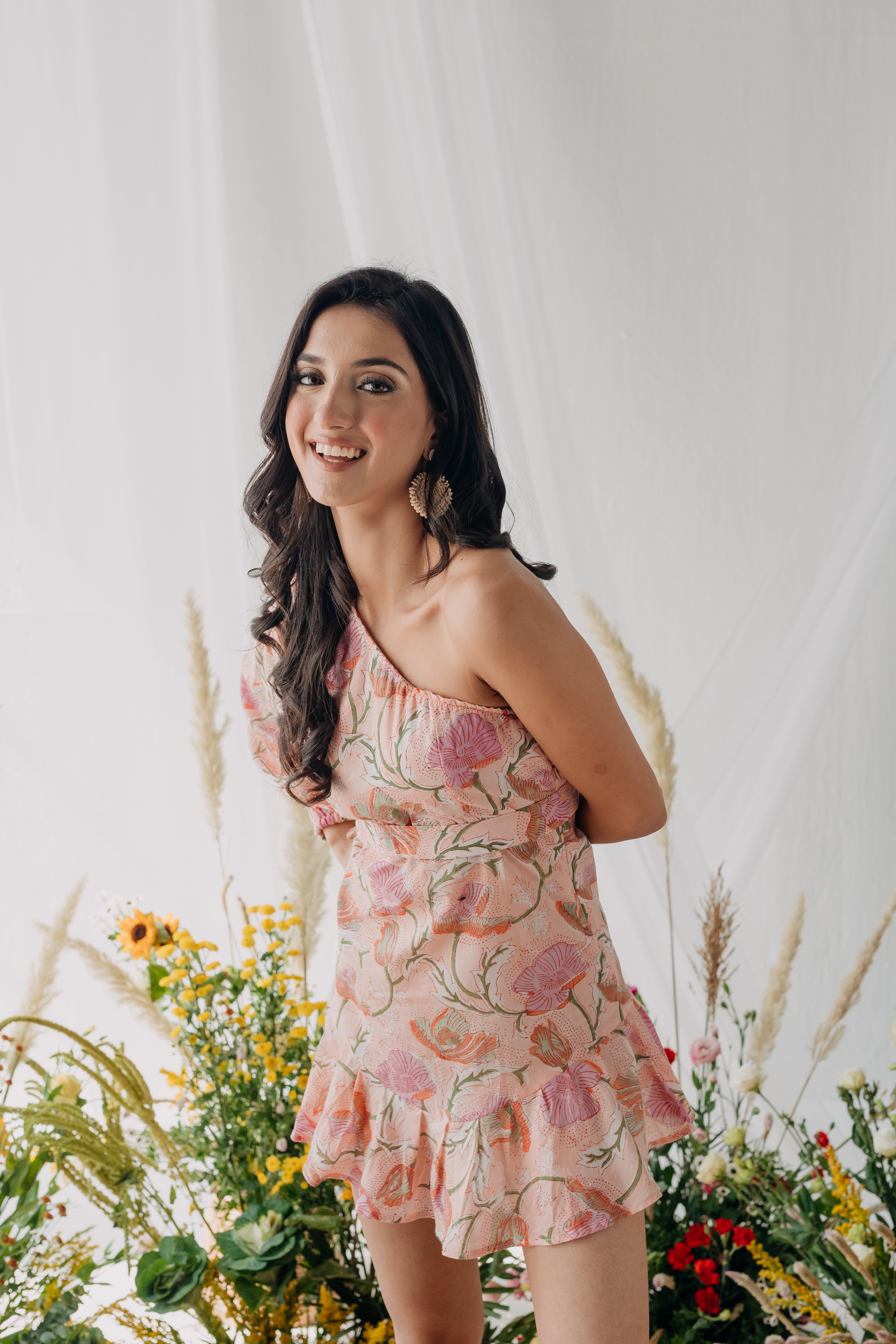 Lolita Pink Printed Cotton One Shoulder Dress