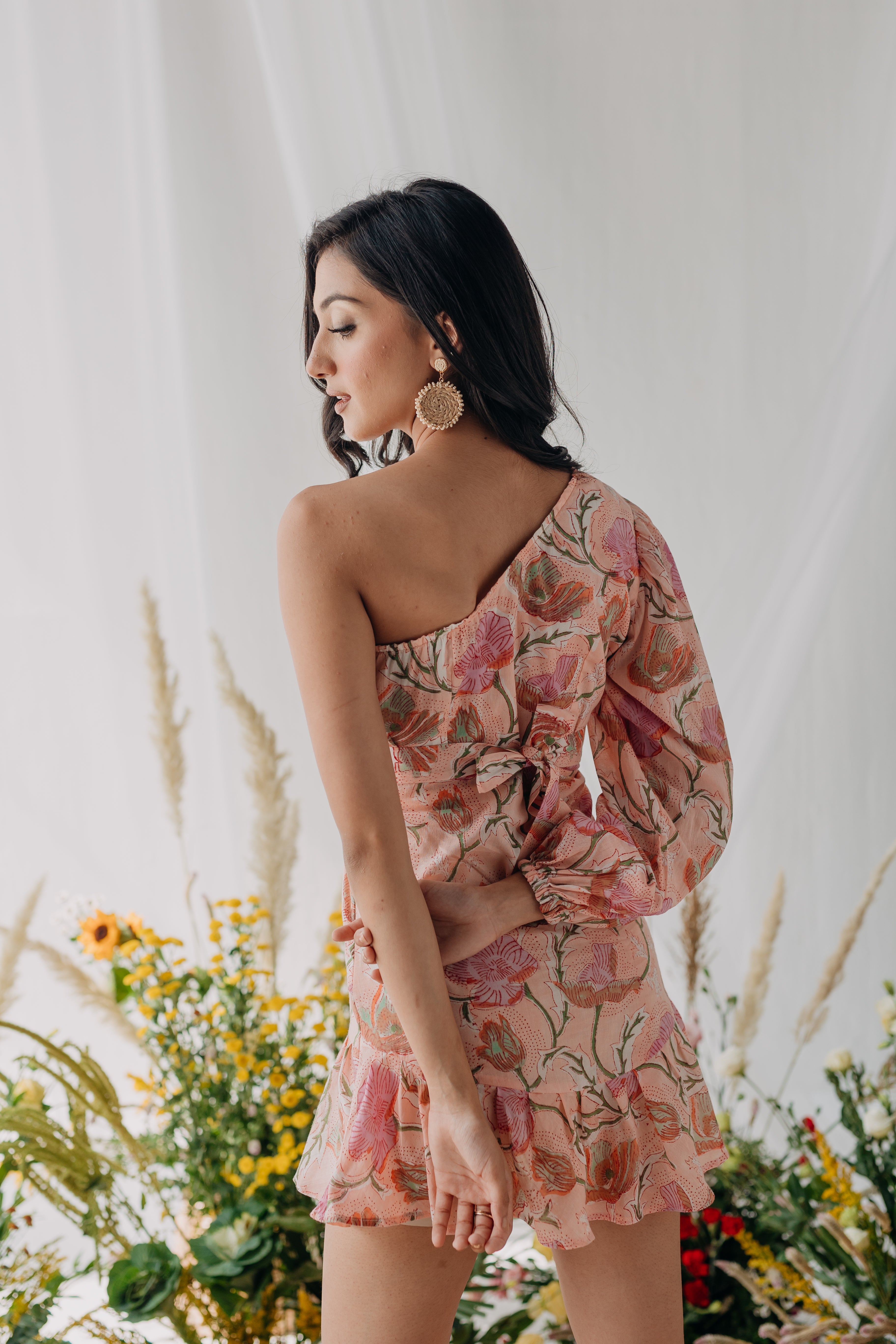 Lolita Pink Printed Cotton One Shoulder Dress