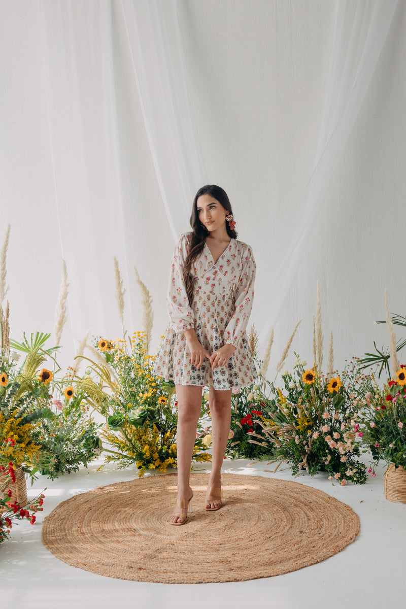 Pearl White Printed Cotton Corset Dress