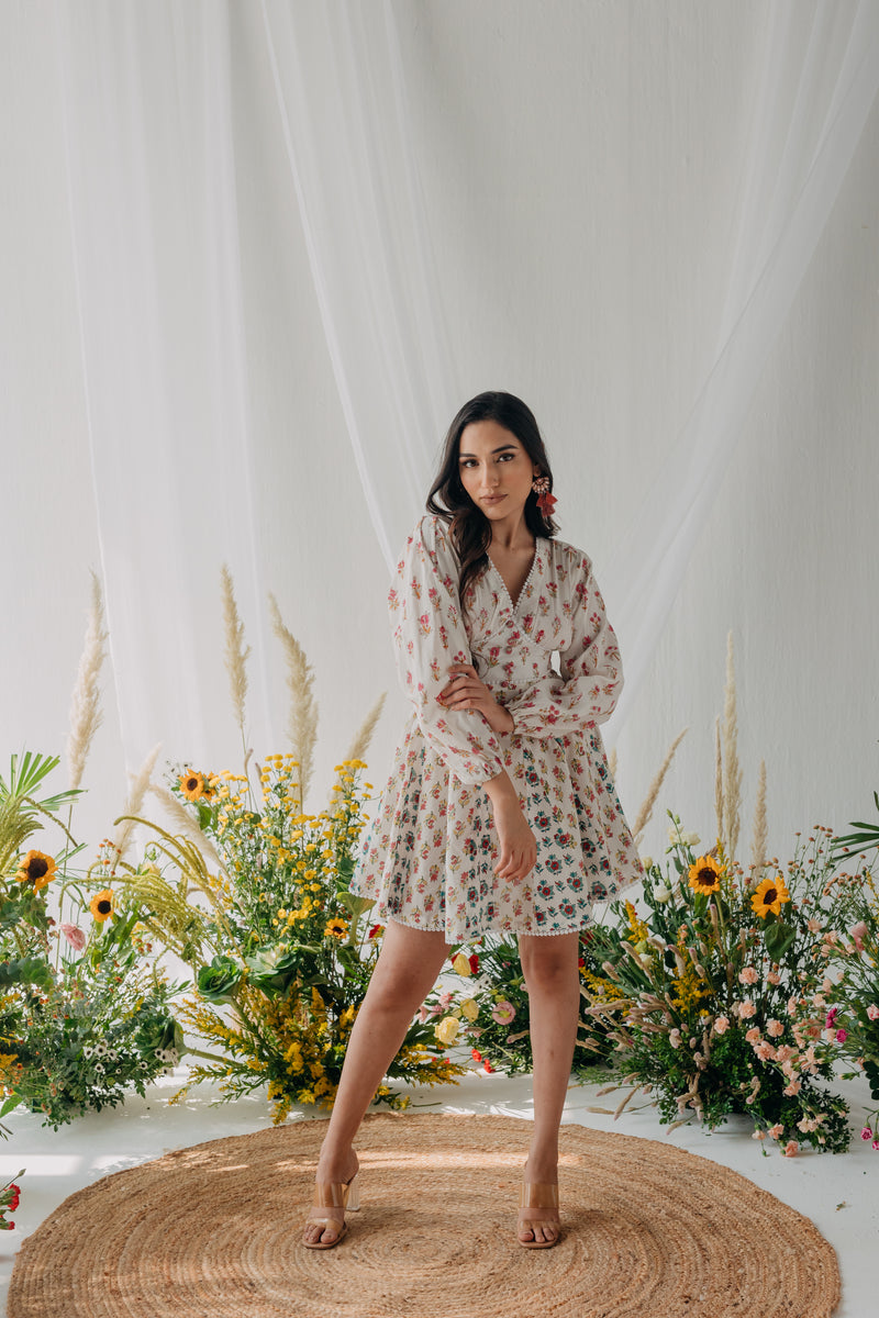 Pearl White Printed Cotton Corset Dress