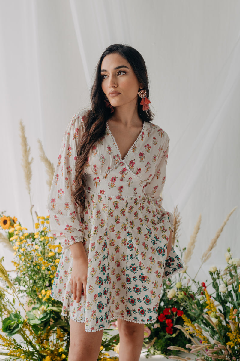 Pearl White Printed Cotton Corset Dress