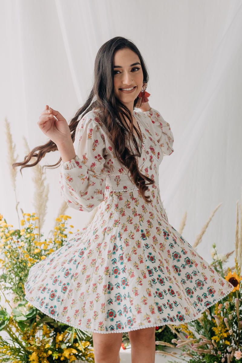 Pearl White Printed Cotton Corset Dress
