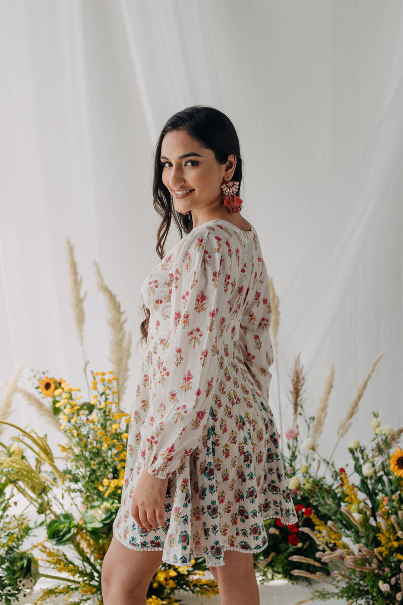 Pearl White Printed Cotton Corset Dress