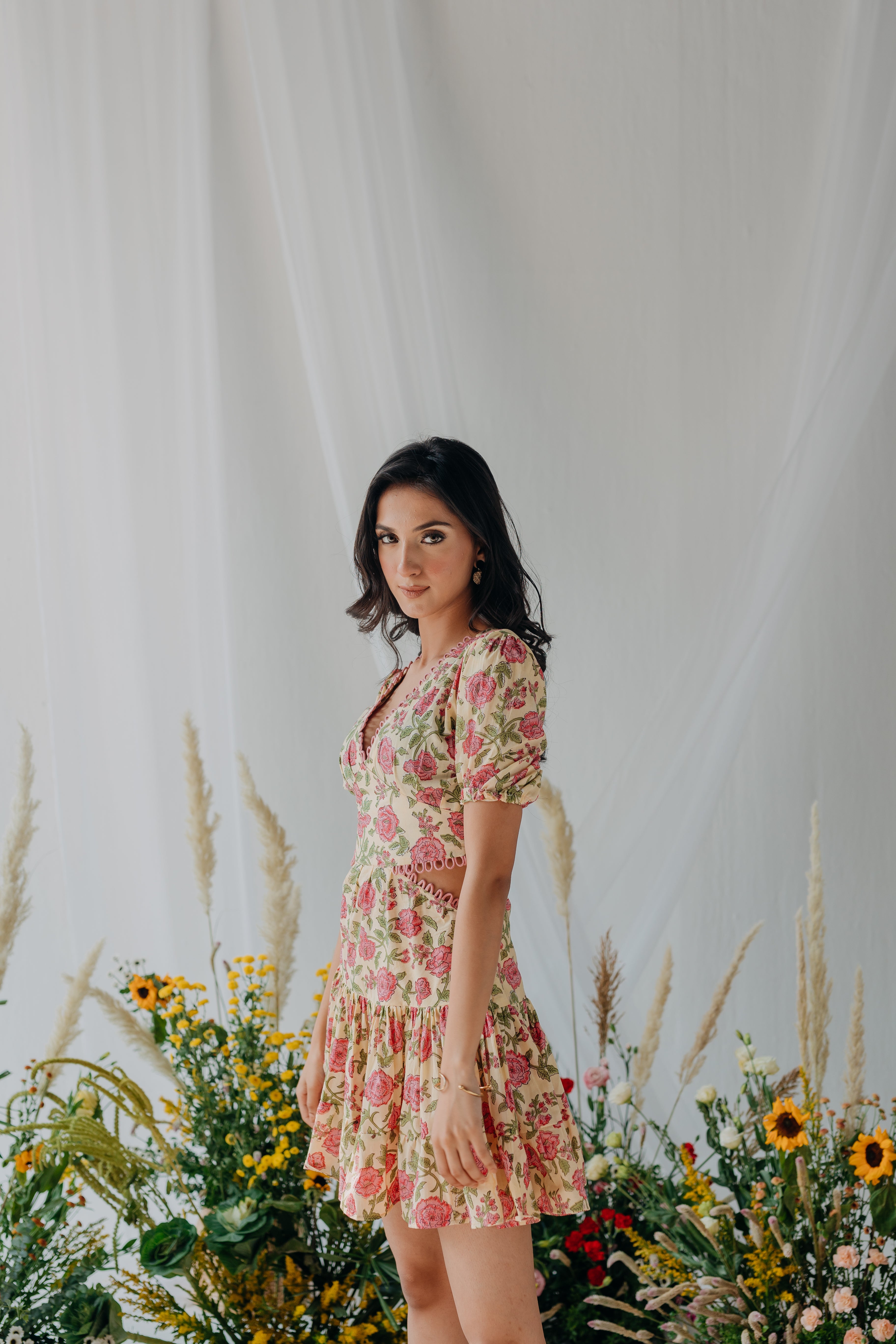 Ella Yellow Printed Cotton Short Dress