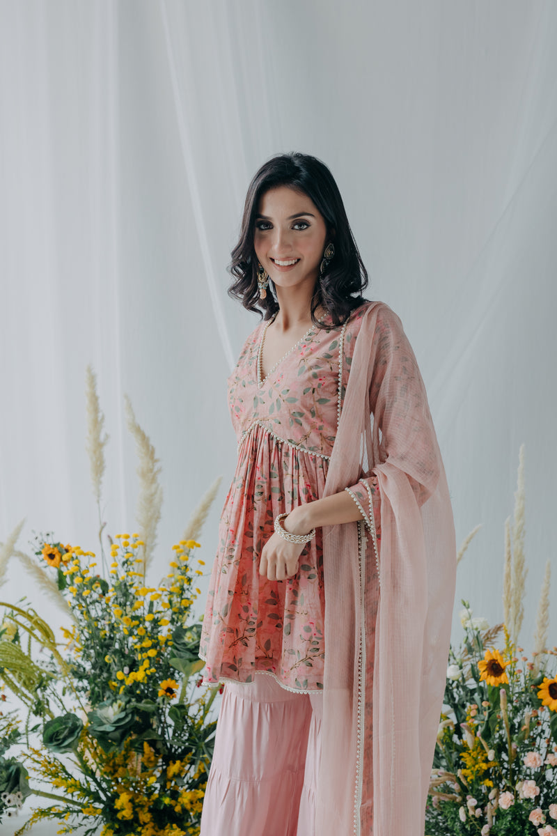 Nyla Pink Printed Cotton Kurti, Sharara & Dupatta Set