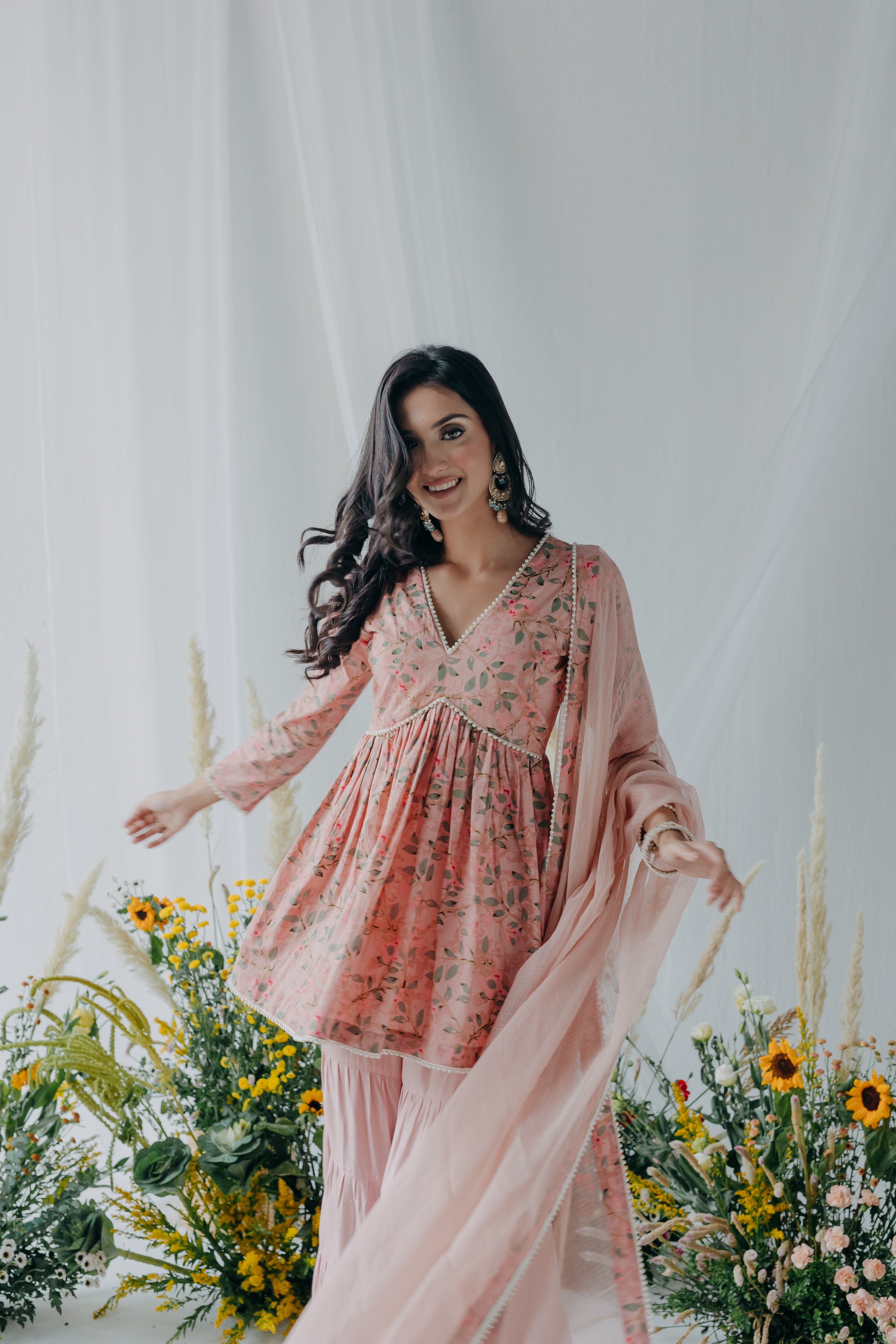 Nyla Pink Printed Cotton Kurti & Sharara Set