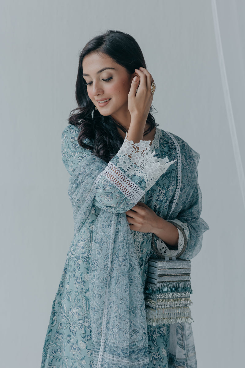 Aria Blue Printed Cotton Kurta