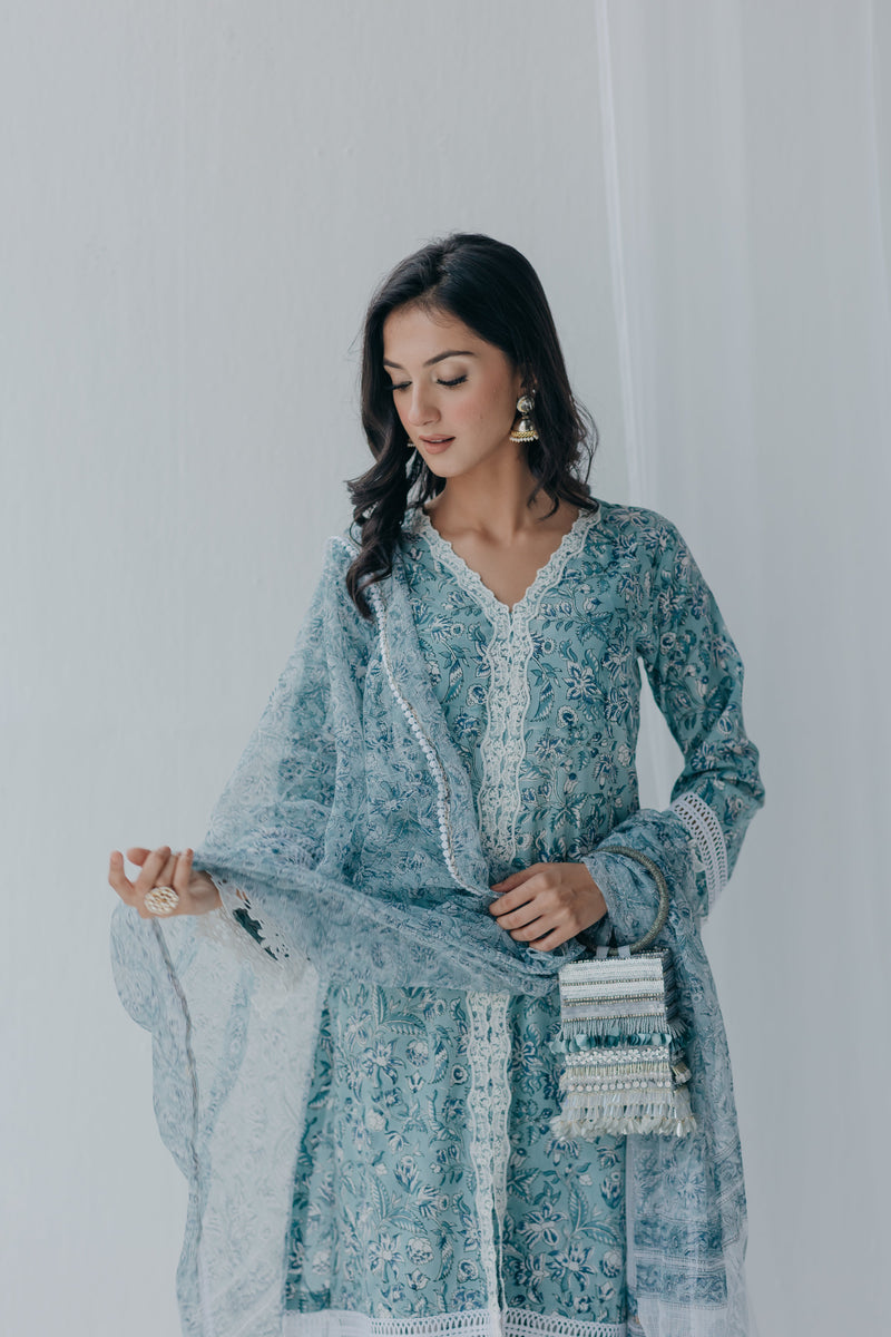Aria Blue Printed Cotton Kurta & Pant Set of 2
