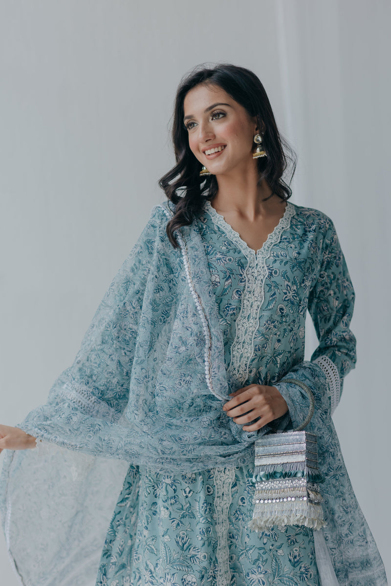 Aria Blue Printed Cotton Kurta