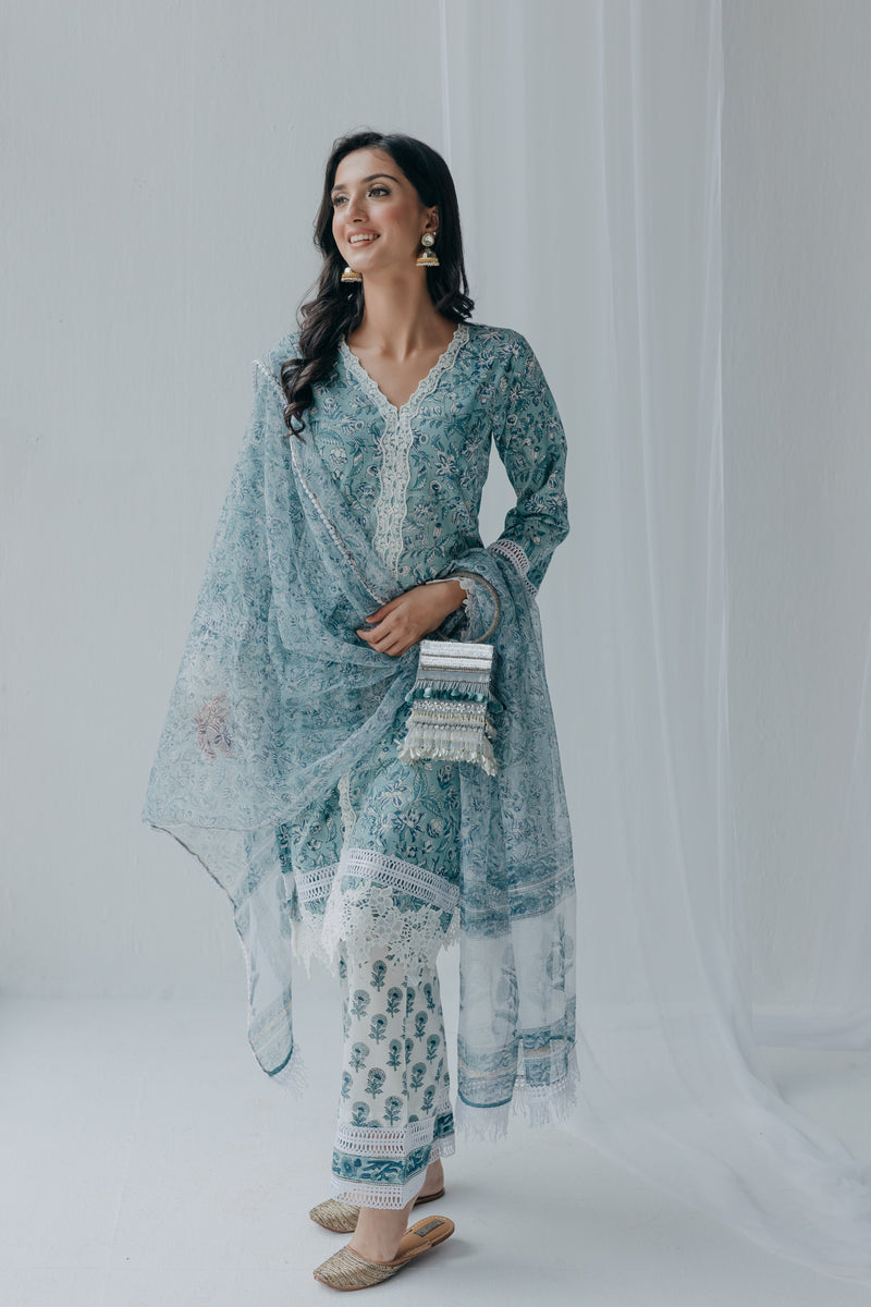 Aria Blue Printed Cotton Kurta & Pant Set of 2