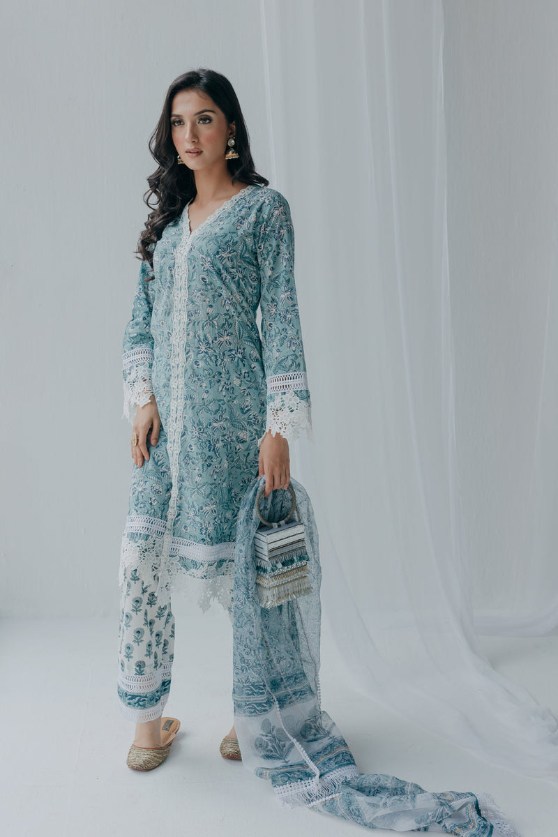 Aria Blue Printed Cotton Kurta & Pant Set of 2
